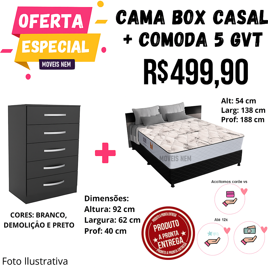 Kit Cômoda 5 Gavetas + Cama Box Casal Monaco