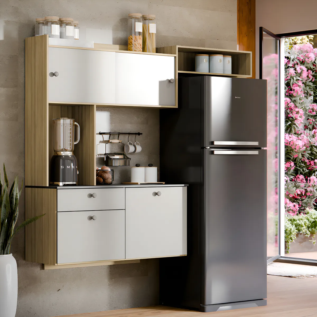 COZINHA SUSPENSA LARA 1.50 – 4 PORTAS, 1 GAVETA E AÉREO GELADEIRA – POQUEMA