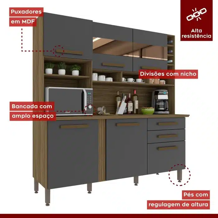 COZINHA ALEXIA 1.80 CM C/ 6 PORTAS 2 GAVETAS C/ESPELHO – IMOP