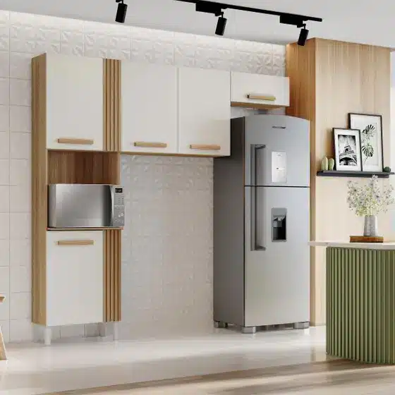 COZINHA JUMA 2.10 C/ 5 PORTAS, DETALHE RIPADO E ESPAÇO PARA FORNO – ARAMÓVEIS