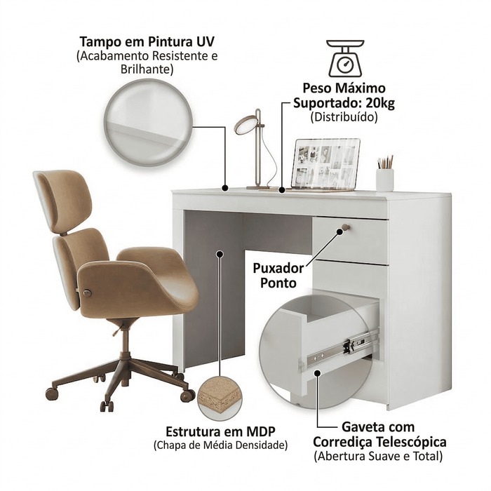 ESCRIVANINHA IRIS COM 1 PORTA 1 GAVETA COM CORREDIÇA TELESCÓPICA – MOBLER