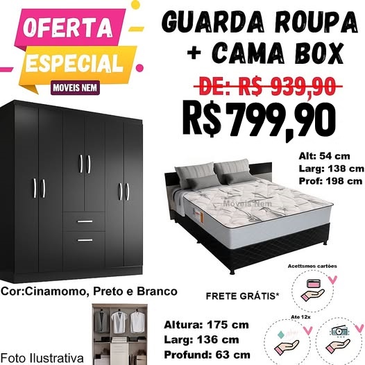 Kit Guarda Roupa + Cama Box Casal Monaco