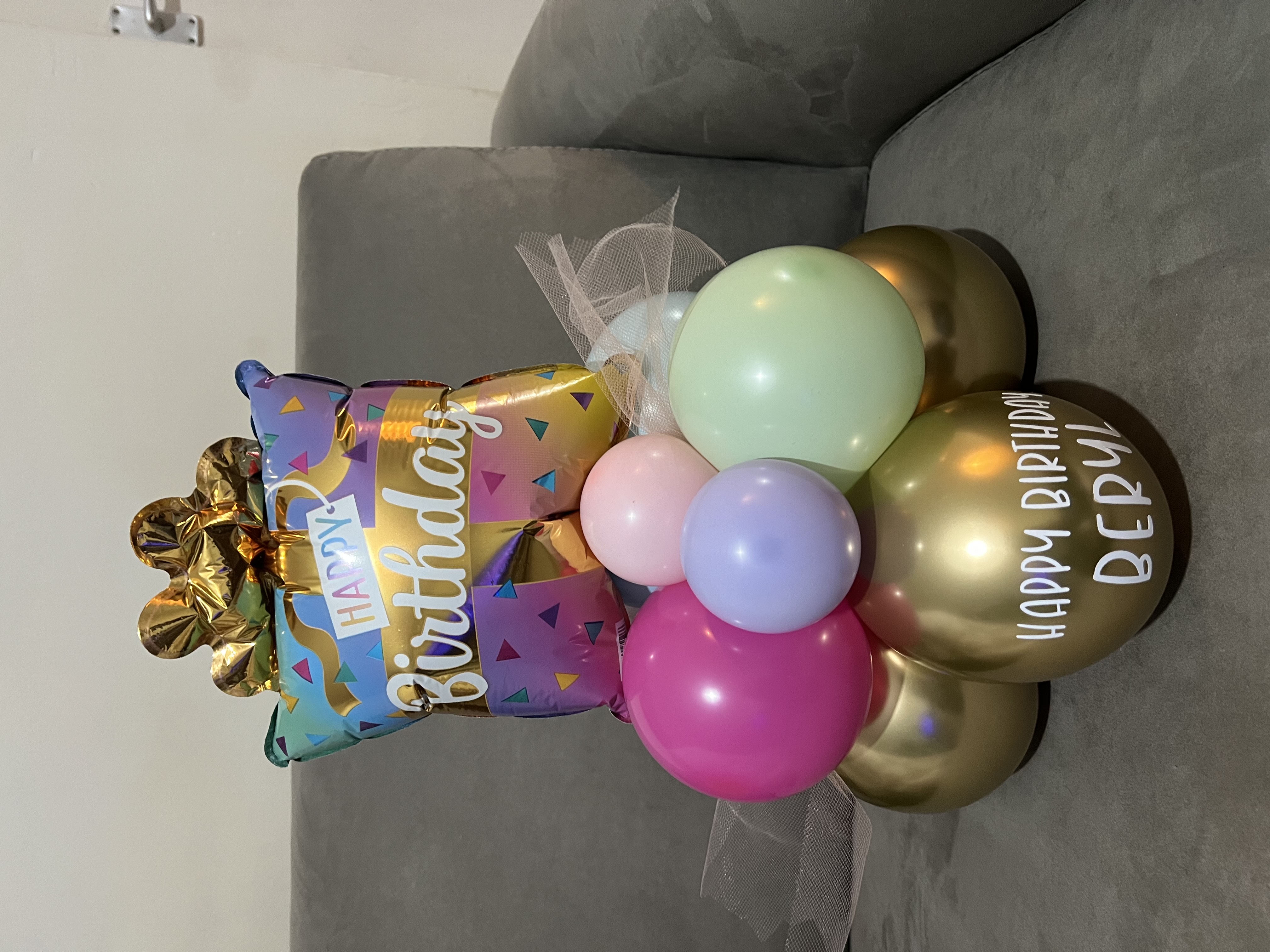 Personalized Birthday Balloon Bouquet in Gold and Pastel Colours