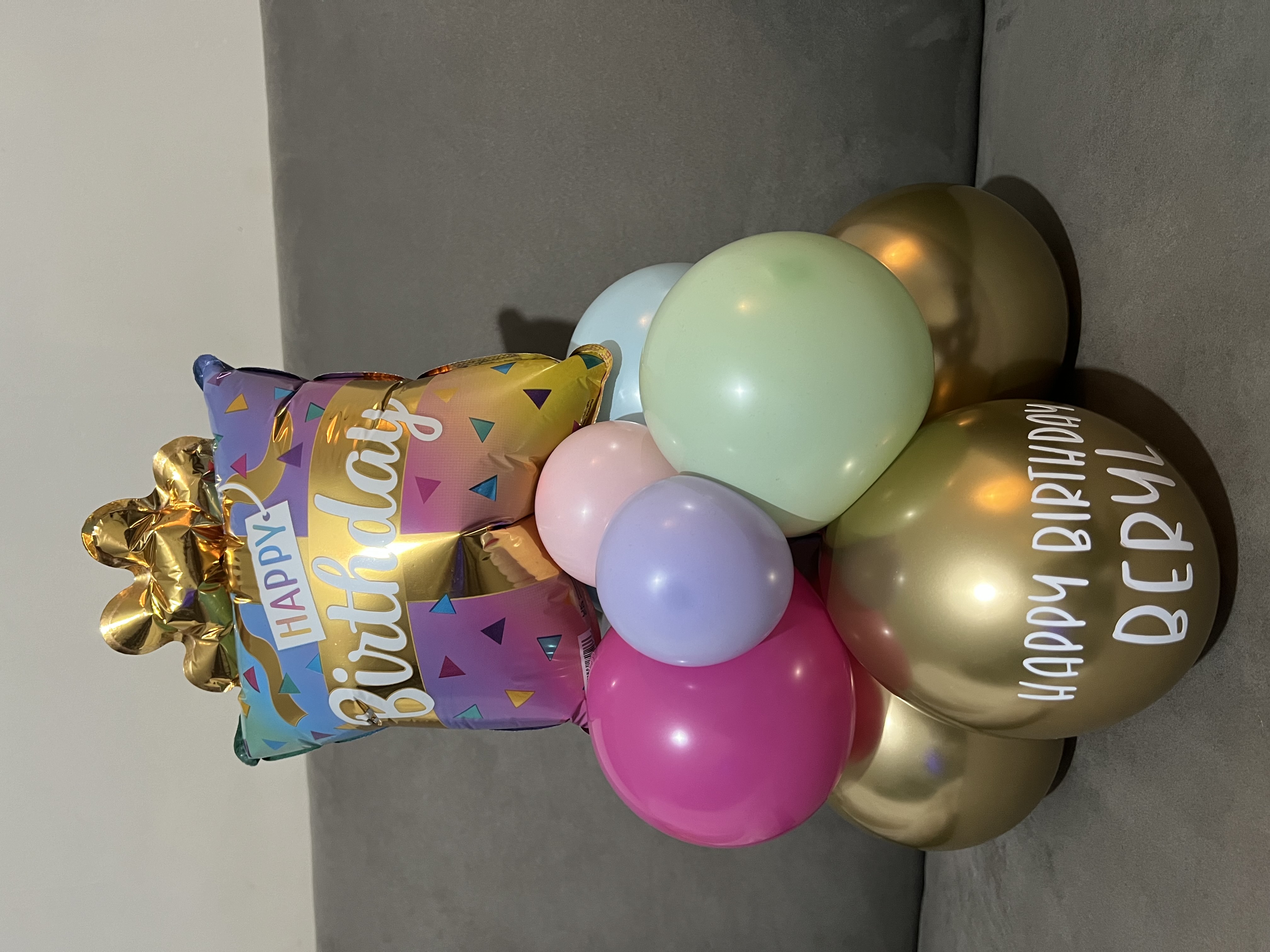 Personalized Birthday Balloon Bouquet in Gold and Pastel Colours