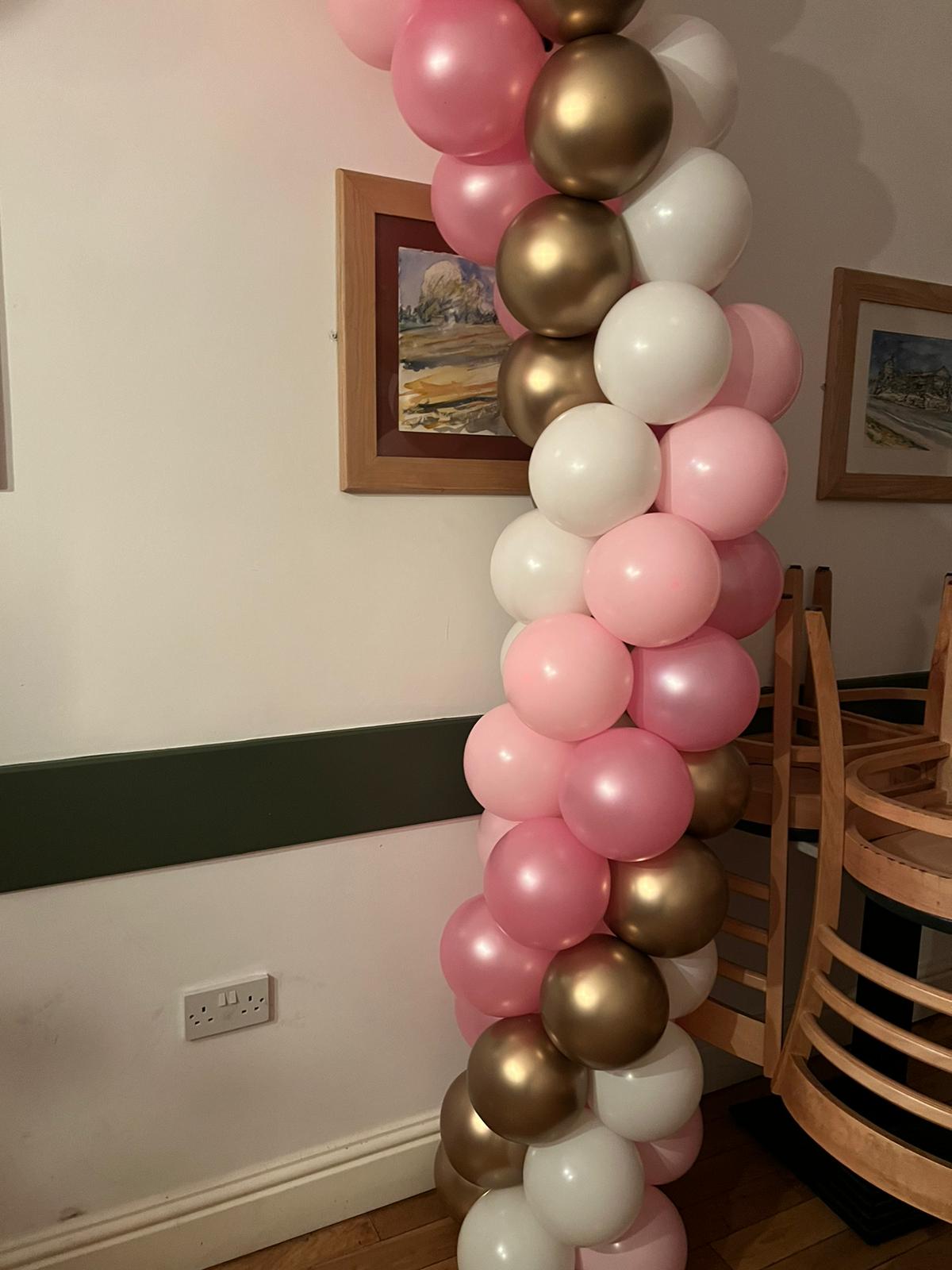 Spiral Balloon Arch (Indoors) in Pink, White and Gold colours