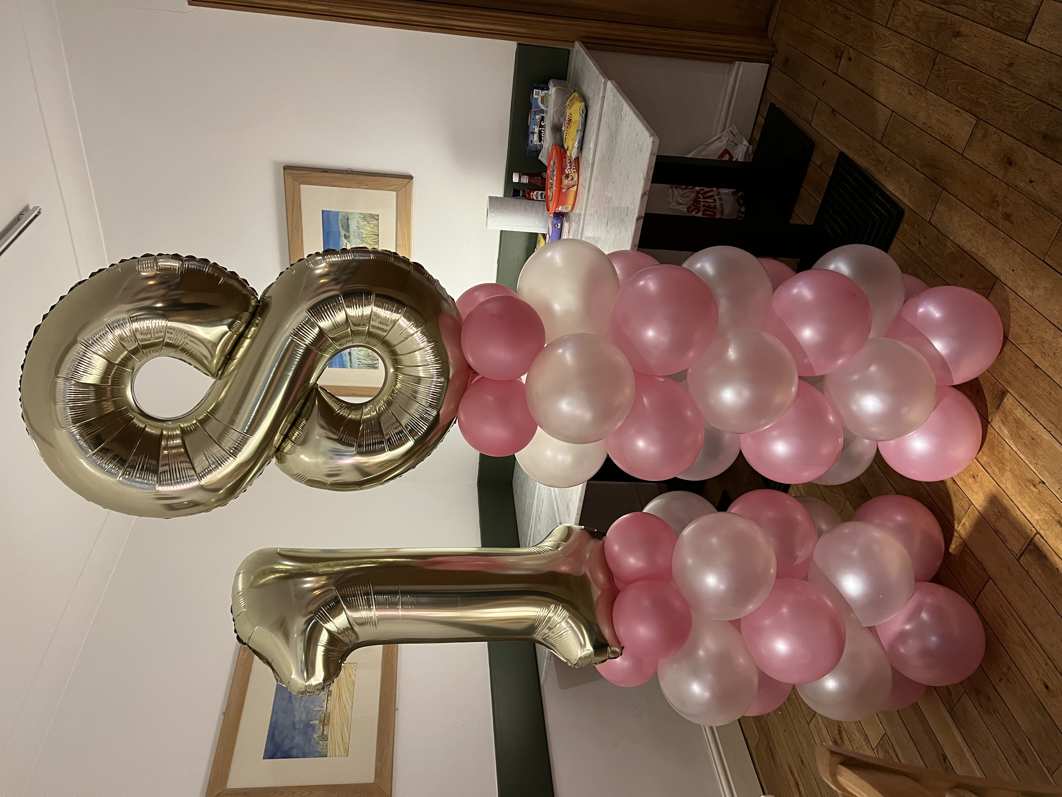 Large Chrome Gold, Pearl Pink and Pearl White  theme Number 18 Birthday Balloon Columns