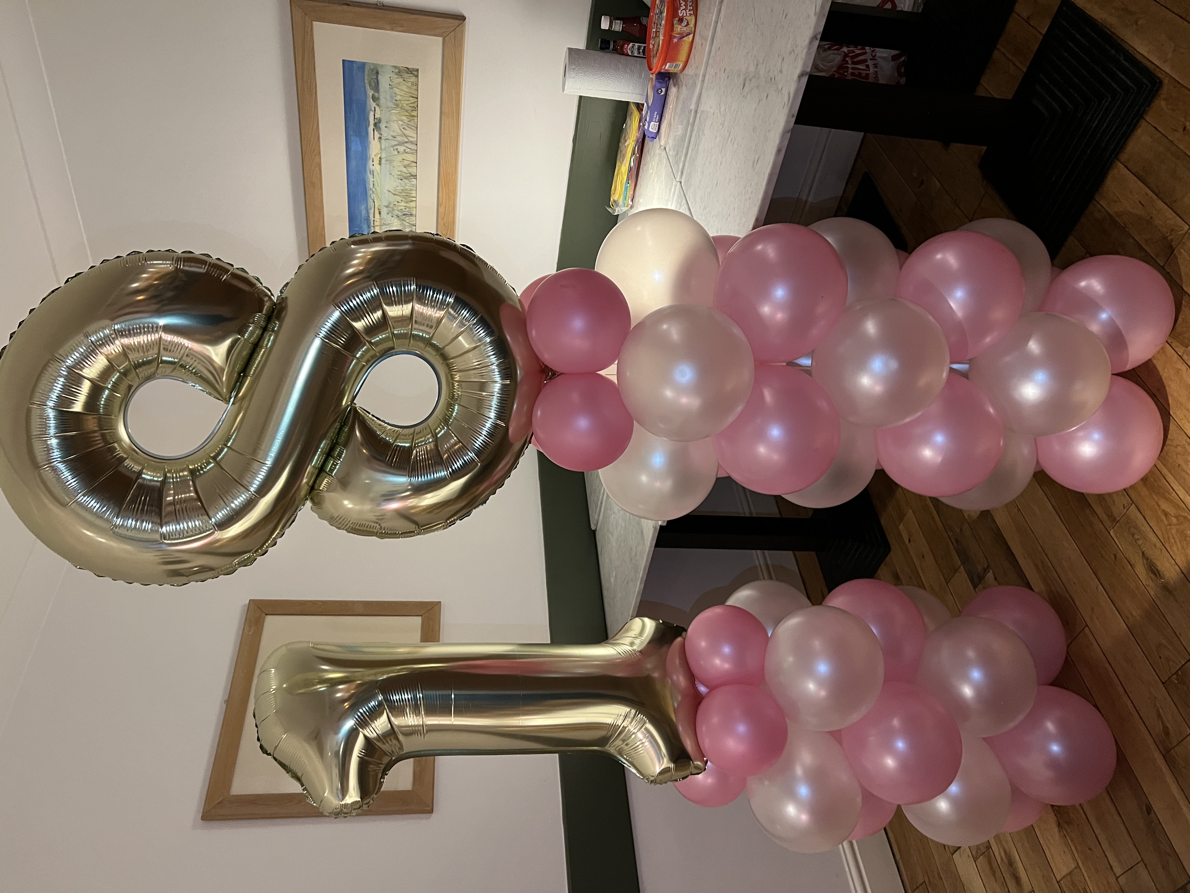 Large Chrome Gold, Pearl Pink and Pearl White  theme Number 18 Birthday Balloon Columns