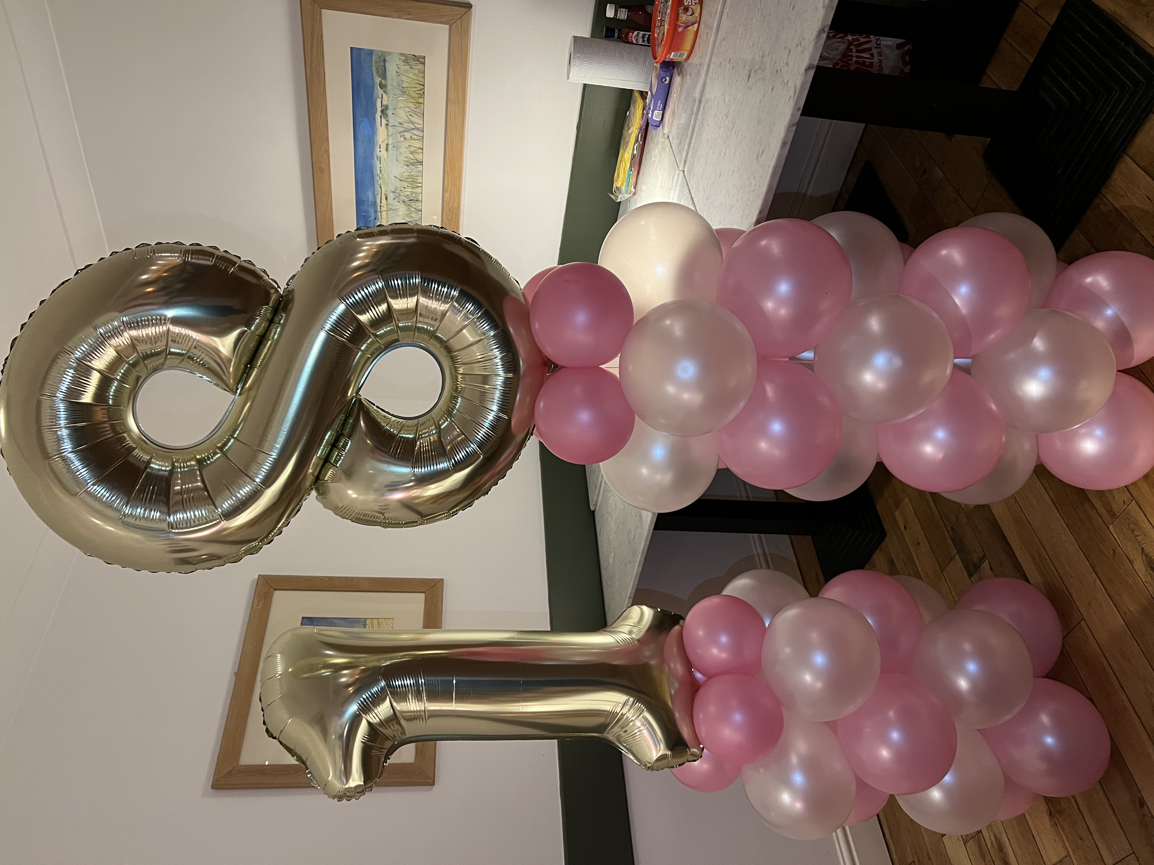 Large Chrome Gold, Pearl Pink and Pearl White  theme Number 18 Birthday Balloon Columns