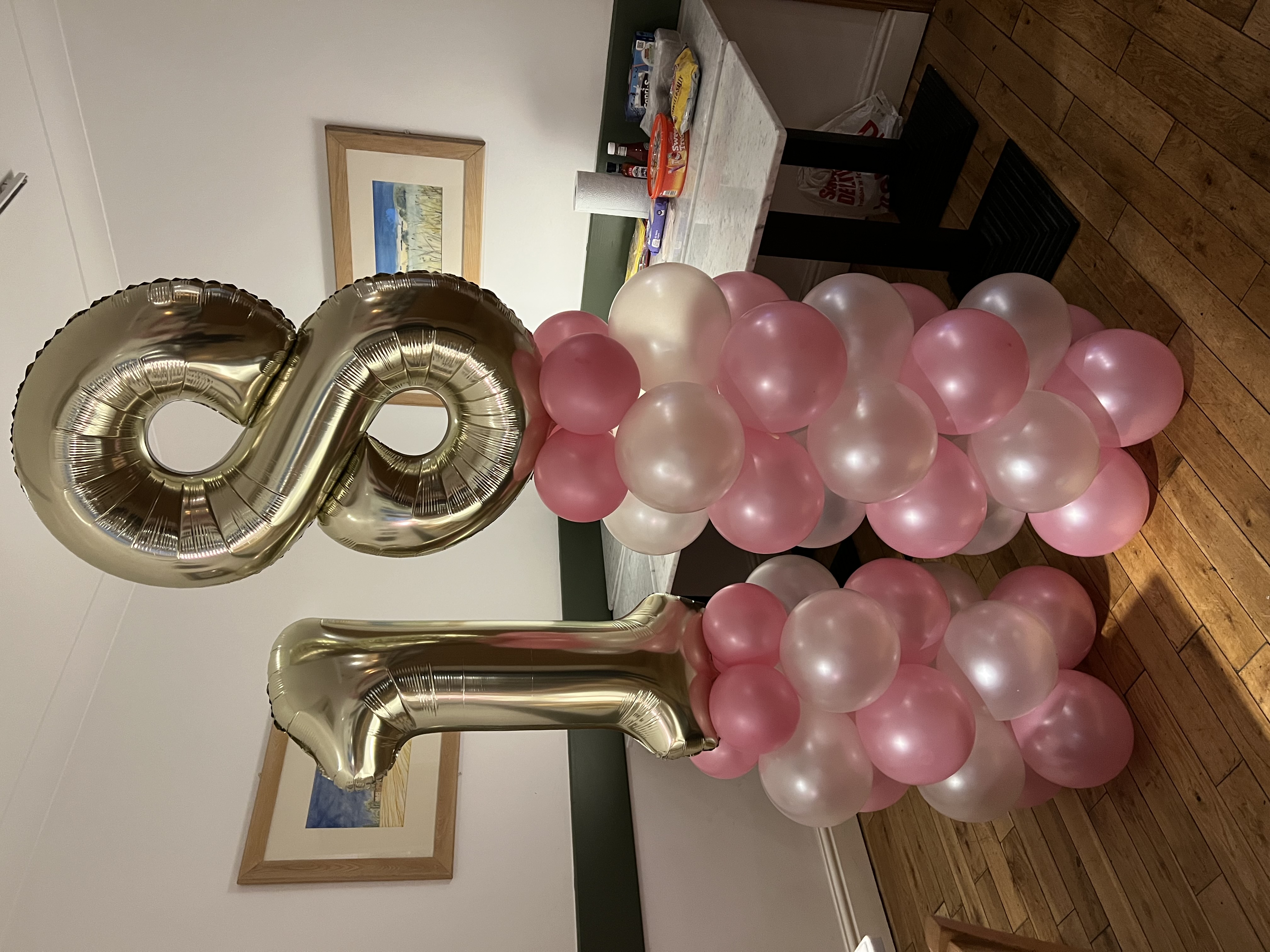Large Chrome Gold, Pearl Pink and Pearl White  theme Number 18 Birthday Balloon Columns
