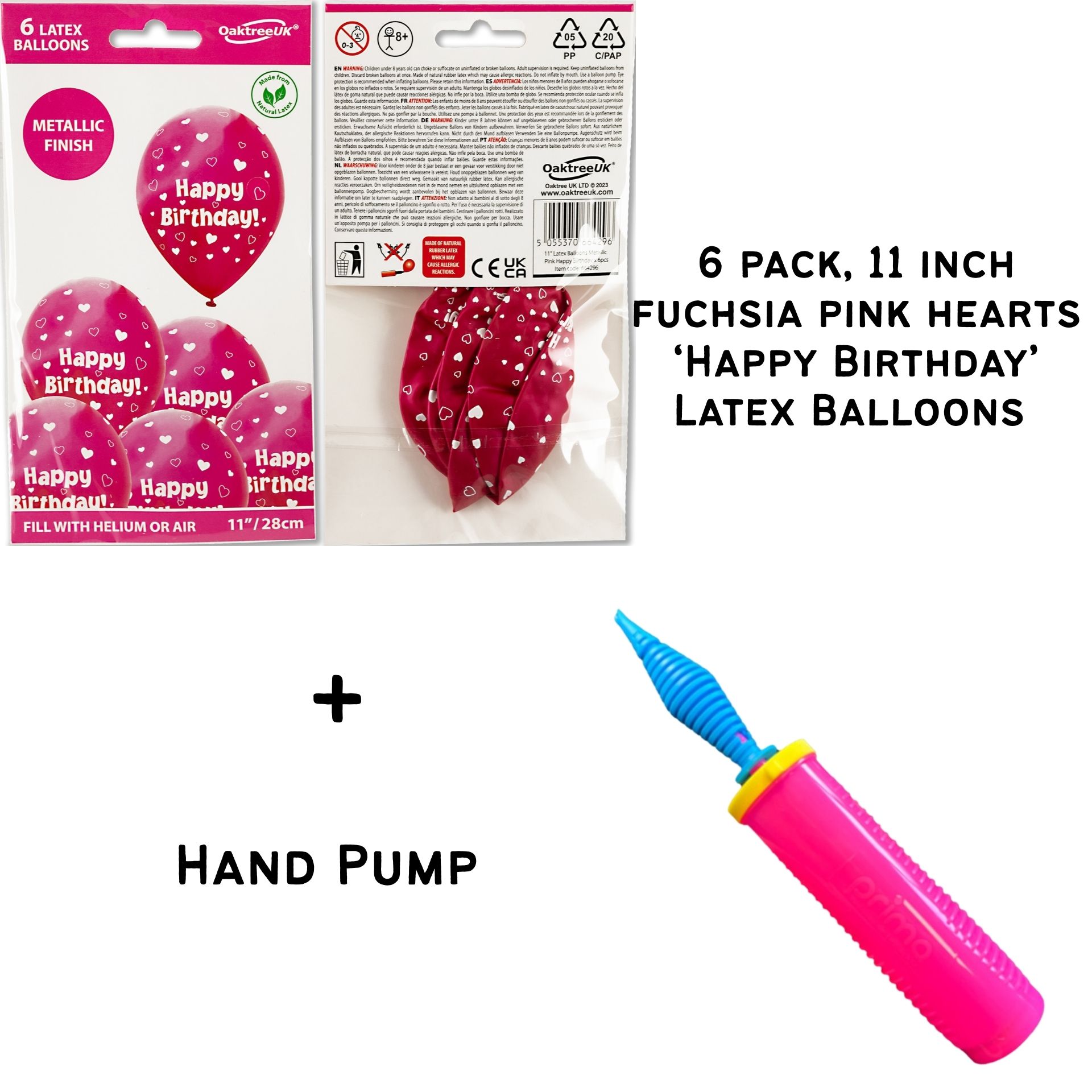 11inch Fuchsia Pink Happy Birthday Latex Balloons With Hearts  (6 pack)