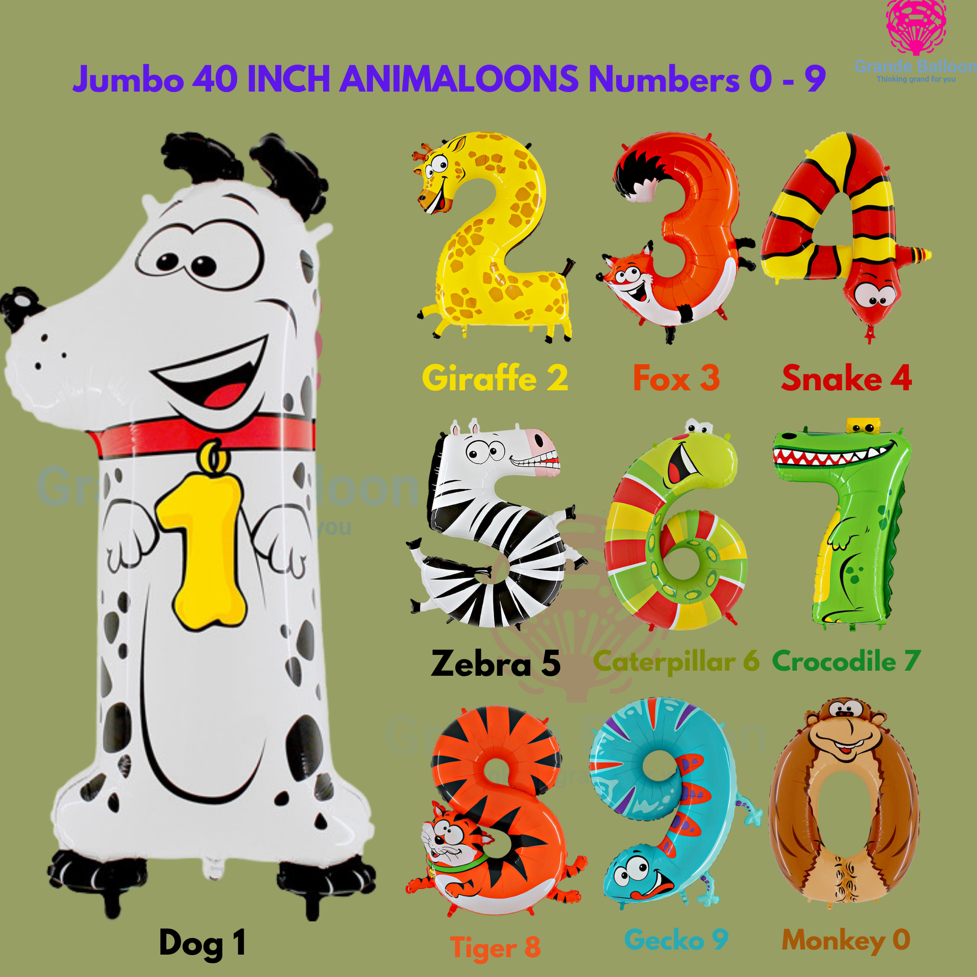 Jumbo 40 inch Number Foil Animaloons 0 - 9