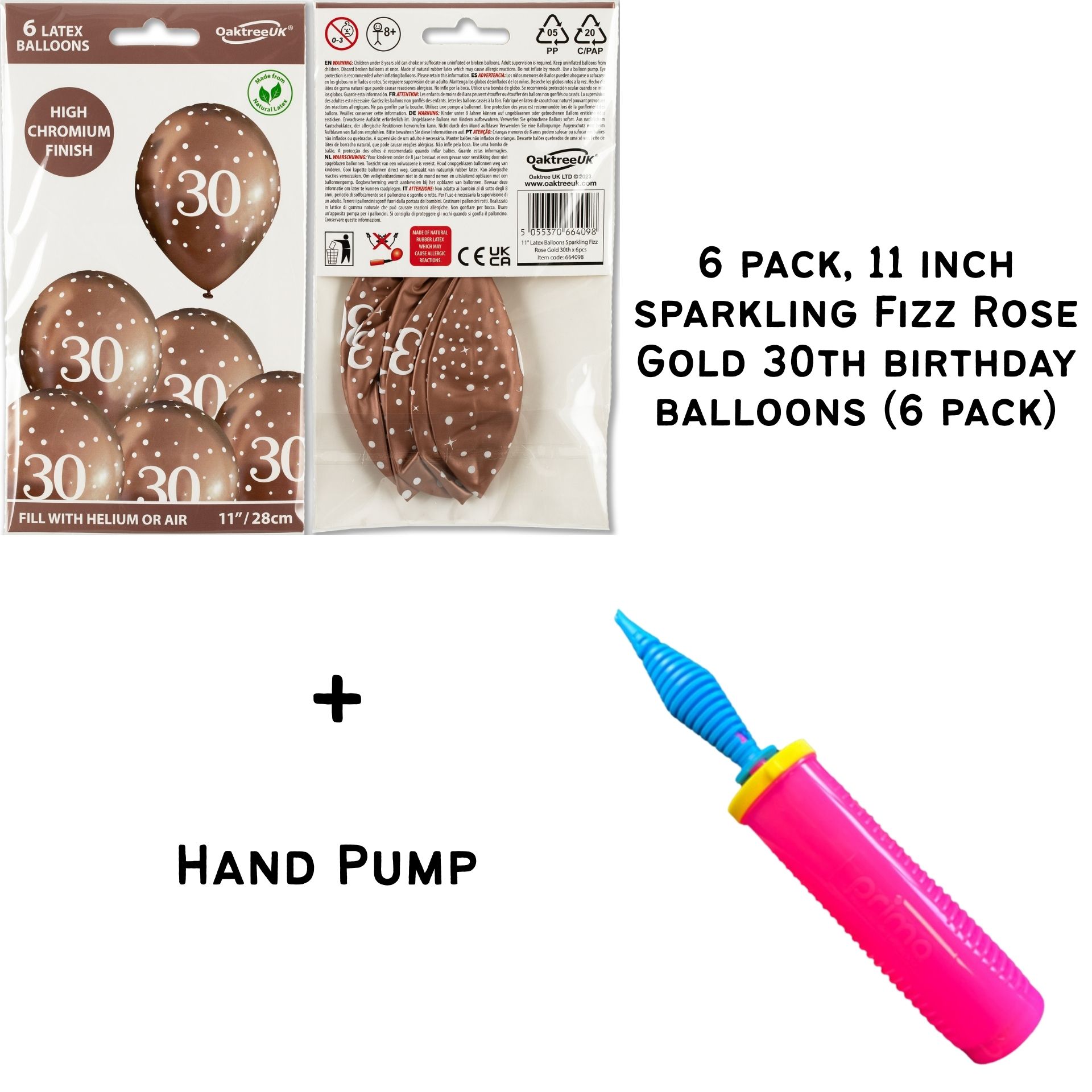 11inch Sparkling Fizz Rose Gold 30th Birthday Latex balloons - 6 pack