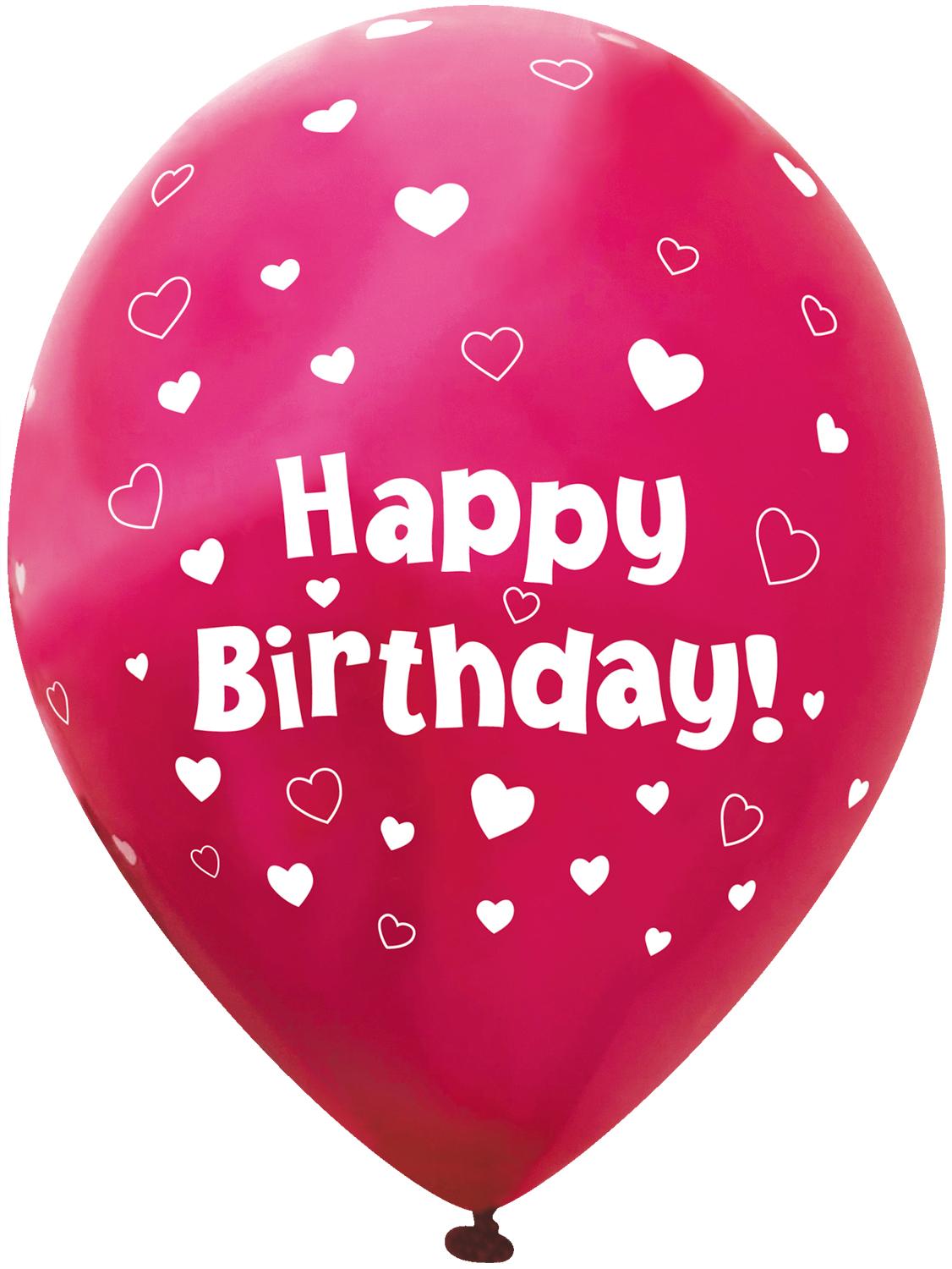 11inch Fuchsia Pink Happy Birthday Latex Balloons With Hearts  (6 pack)