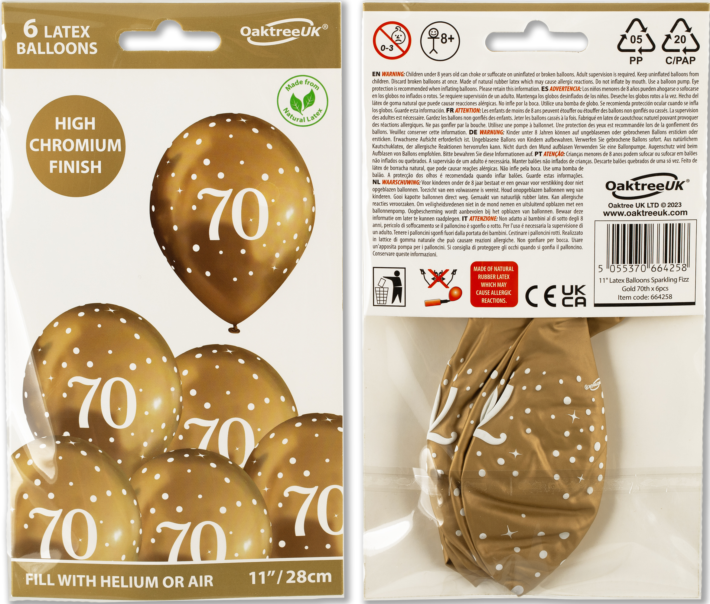 70th Birthday Sparkling Fizz Gold Latex Balloons (6 pack)