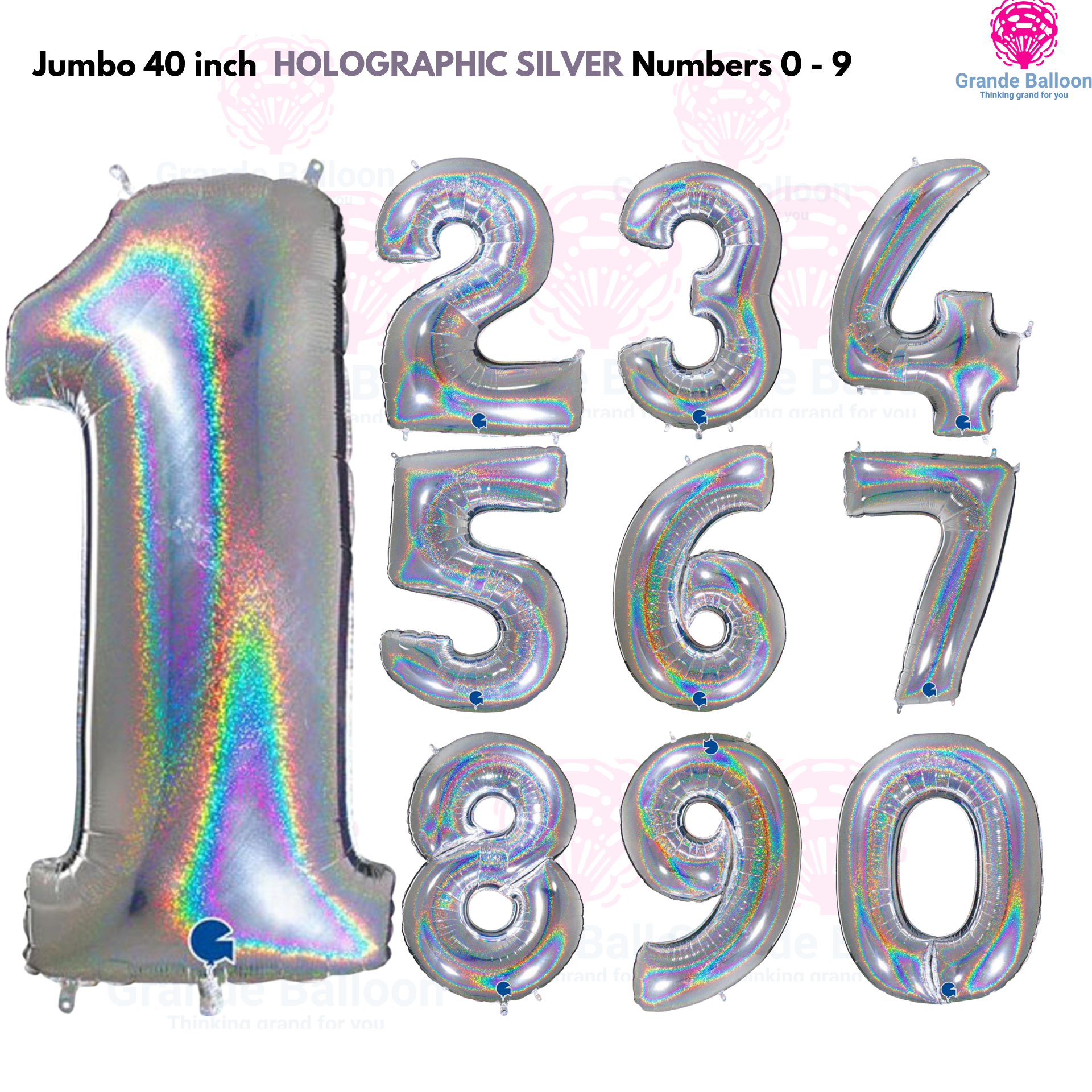 Jumbo 40 Inch Holographic Silver Foil Number Balloon 0 - 9