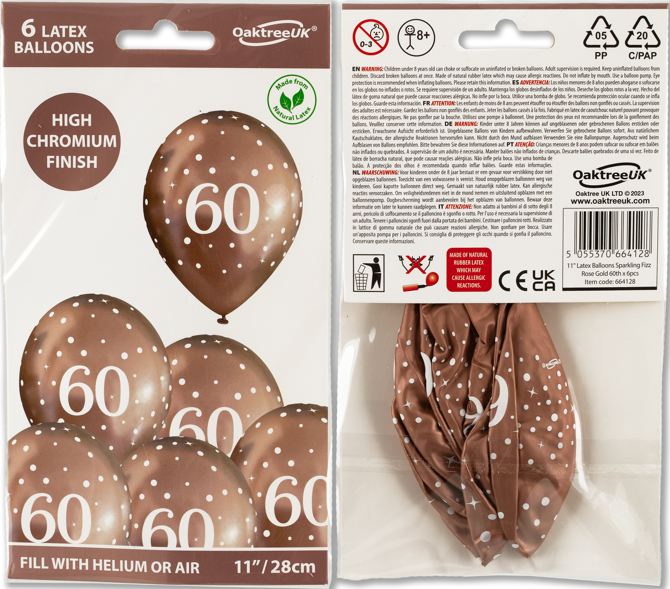 11inch Sparkling Fizz Rose Gold 60th Birthday Latex balloons - 6 pack