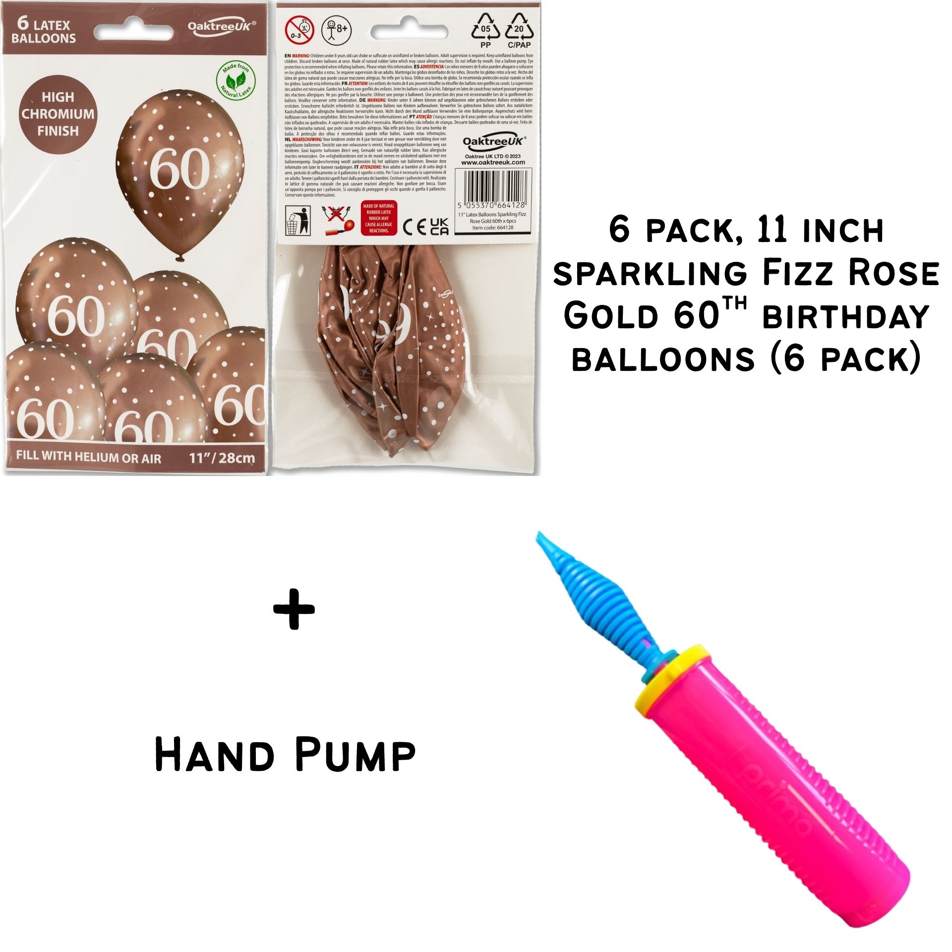 11inch Sparkling Fizz Rose Gold 60th Birthday Latex balloons - 6 pack