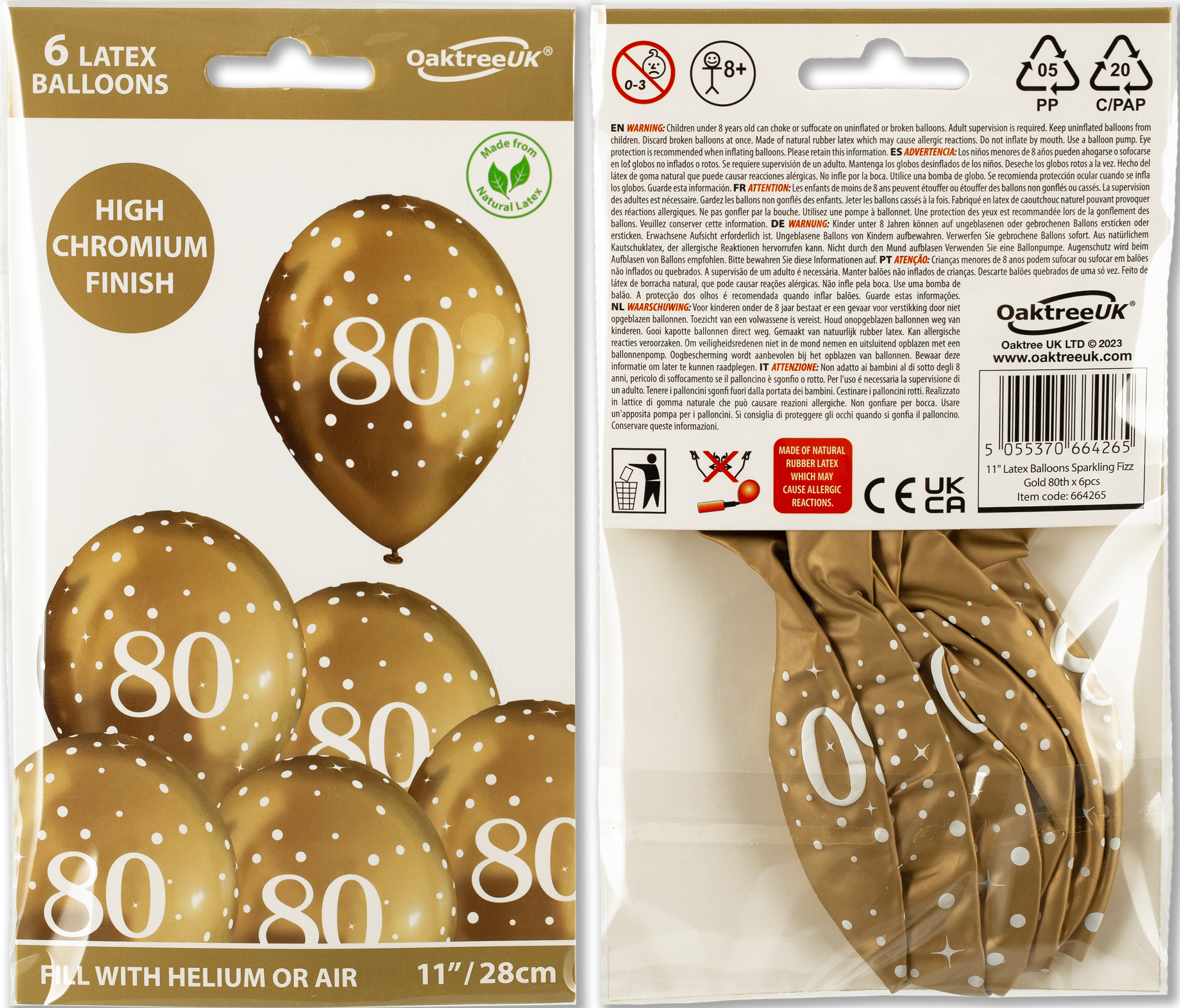 80th Birthday Sparkling Fizz Gold Latex Balloons