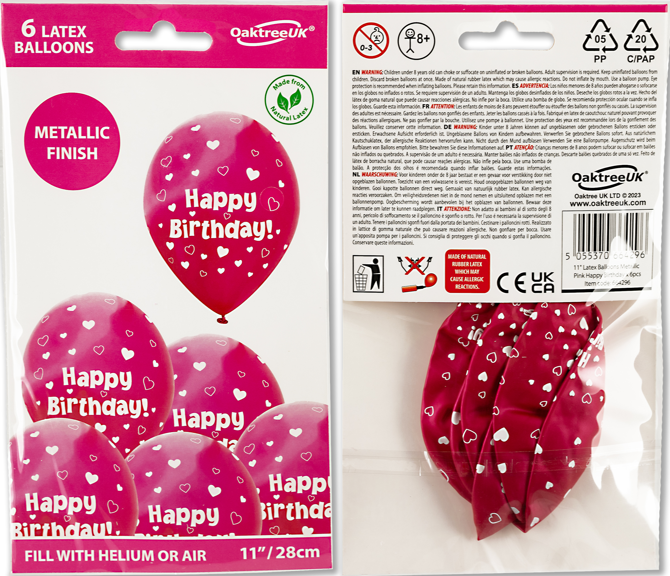 11inch Fuchsia Pink Happy Birthday Latex Balloons With Hearts  (6 pack)