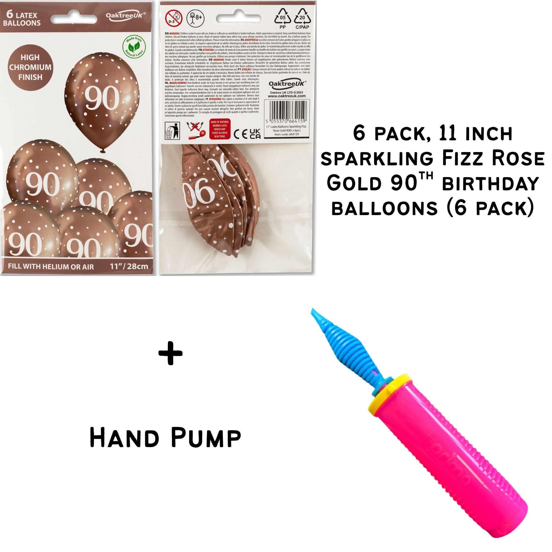11inch Sparkling Fizz Rose Gold 90th Birthday Latex balloons - 6 pack
