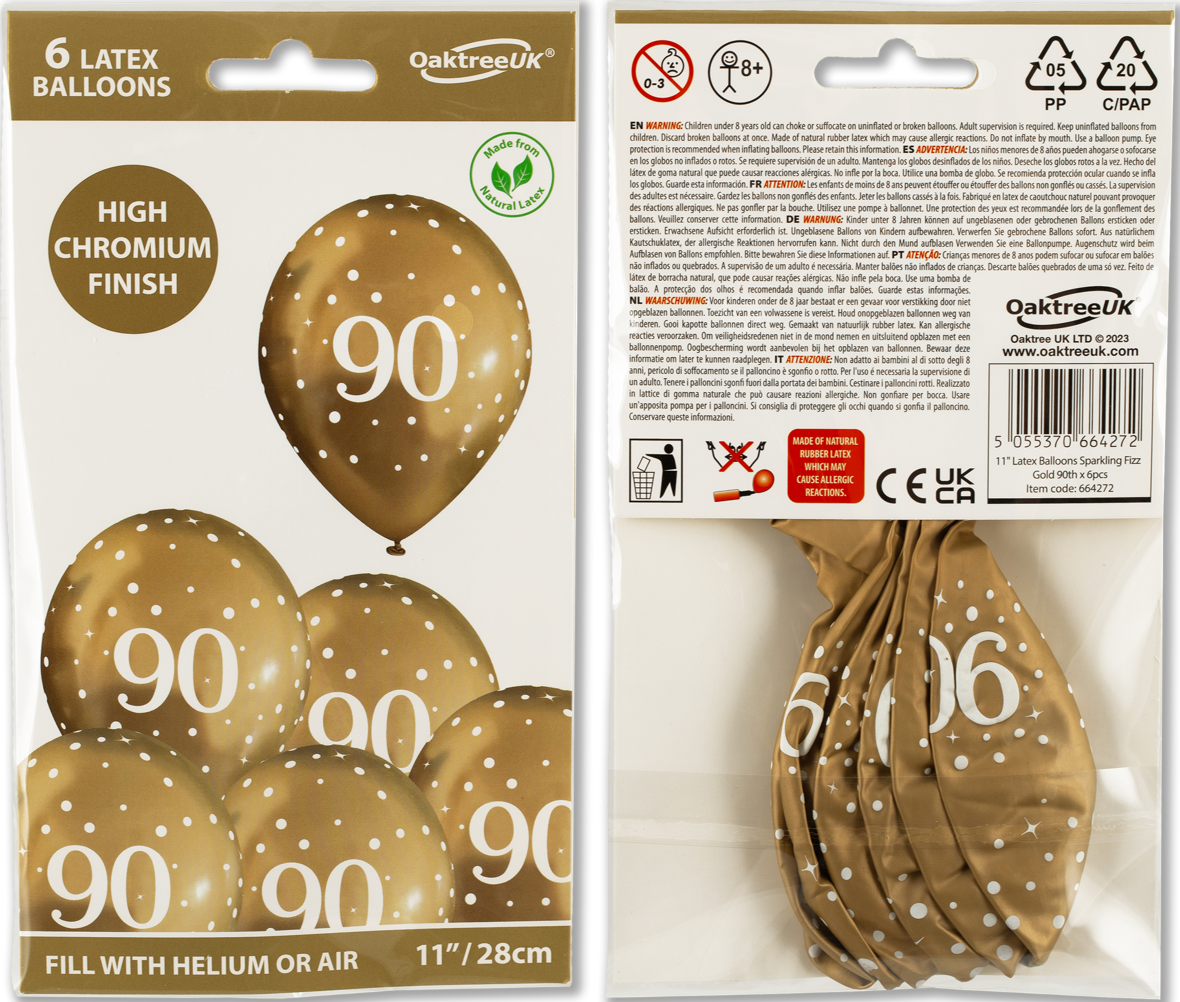 90th Birthday Sparkling Fizz Gold Latex Balloons