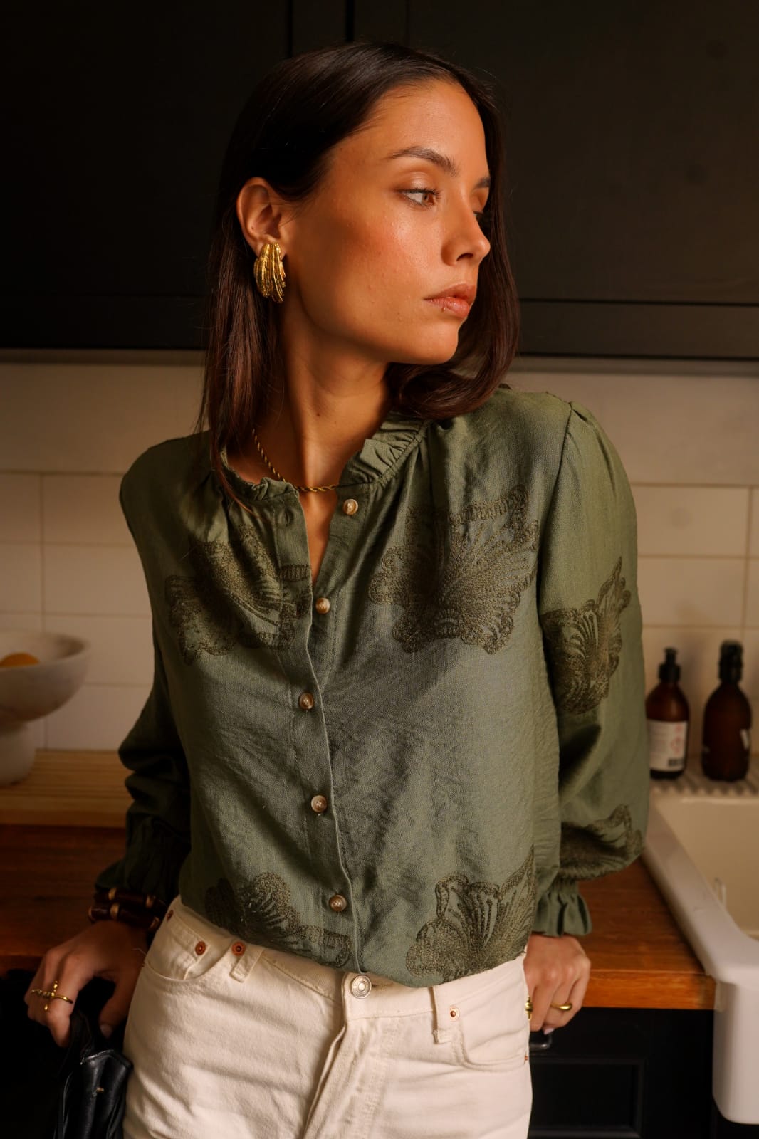 Chemisier vert Kaki à motifs brodés
