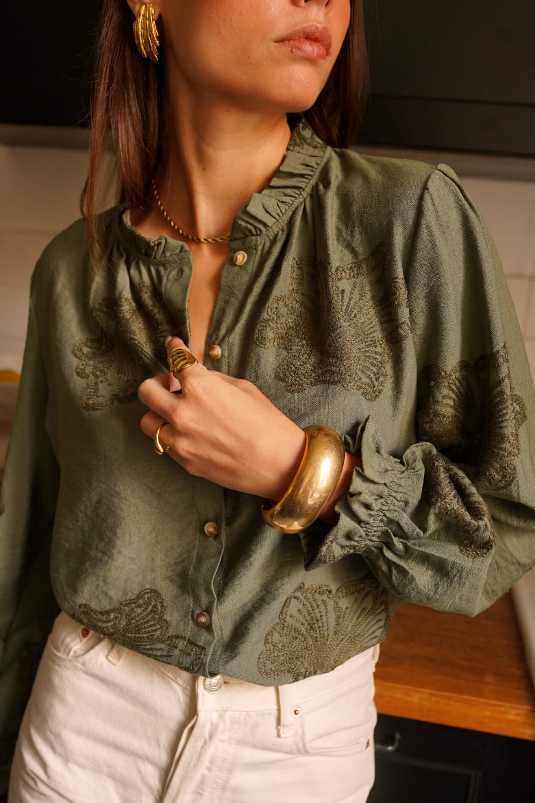 Chemisier vert Kaki à motifs brodés