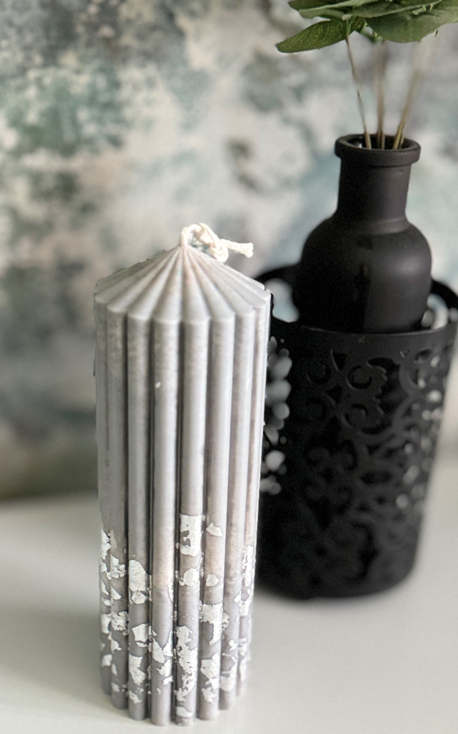 Tall Silver leaf Pillar Candle