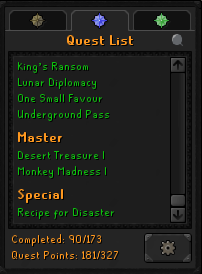 RFD (Barrows gloves) 70 Prayer + Piety 75 Attack/Defence w/ 99 Strength/Range/Magic + Firecape (181 QP) ez3243