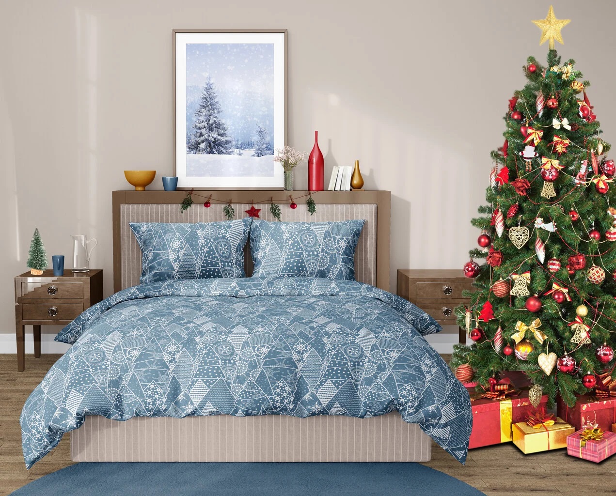 Patalynės komplektas CHRISTMAS TREES Blue 220x200cm, 3 dalių