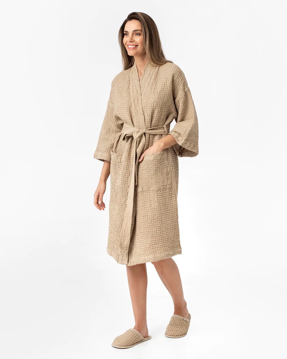 Trumpas lininis chalatas ROBE Beige