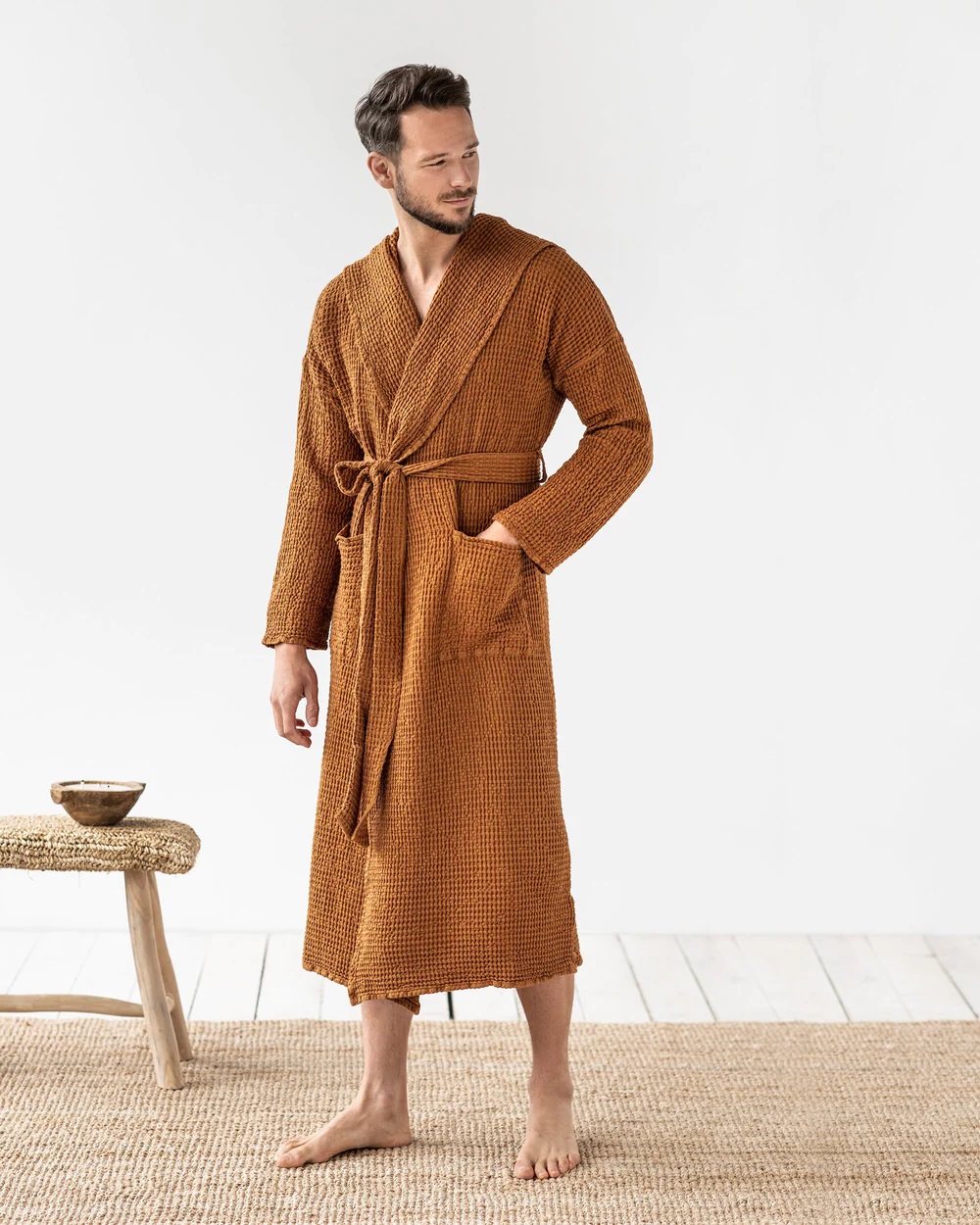 Ilgas lininis chalatas su kapišonu ROBE Cinnamon