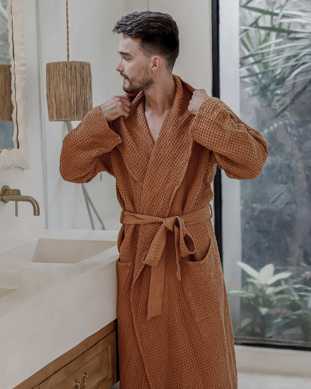 Ilgas lininis chalatas su kapišonu ROBE Cinnamon