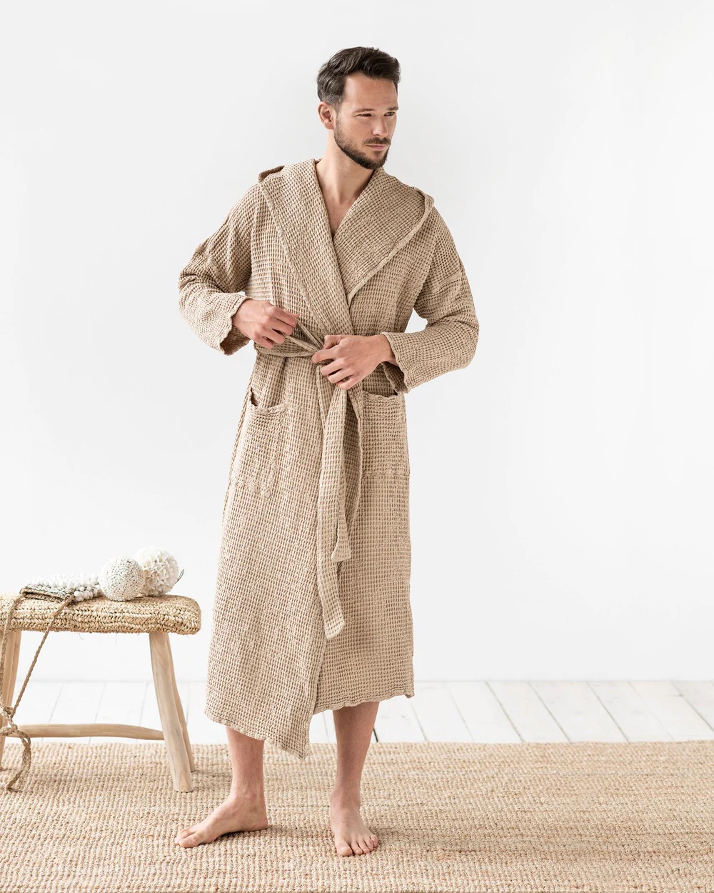 Ilgas lininis chalatas su kapišonu ROBE Beige