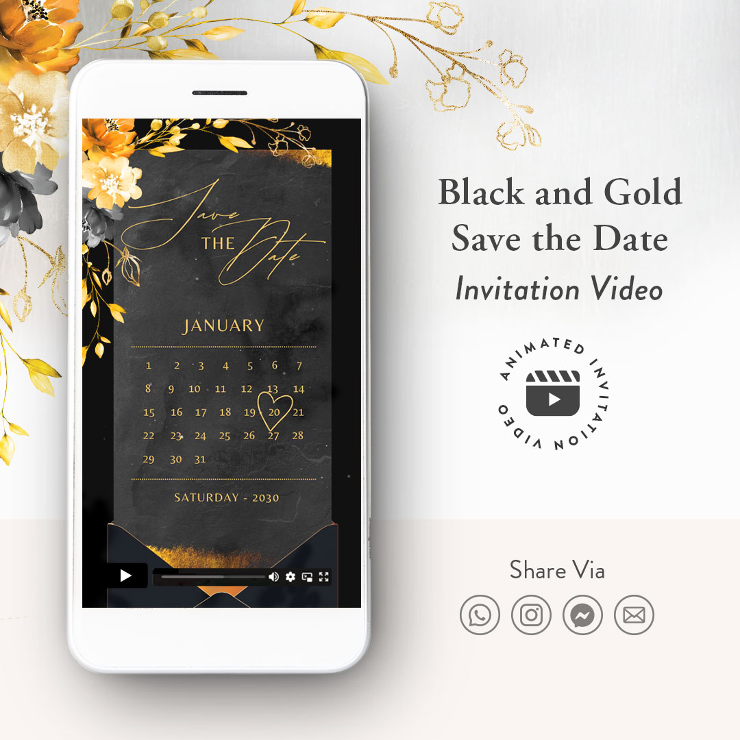 Black & Gold Floral Save the Date Invitation Video 