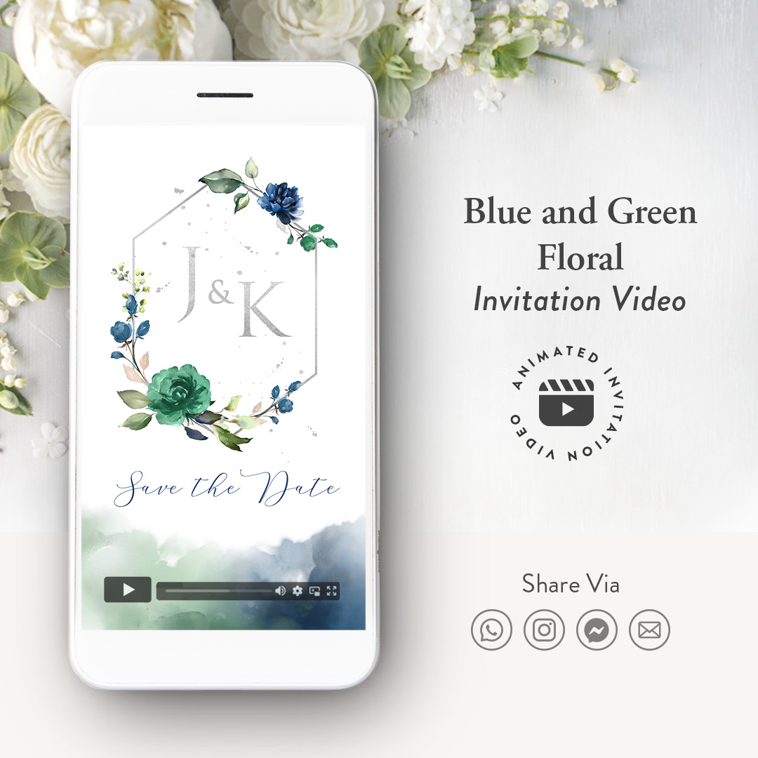 Blue and Green Floral Wedding Invite