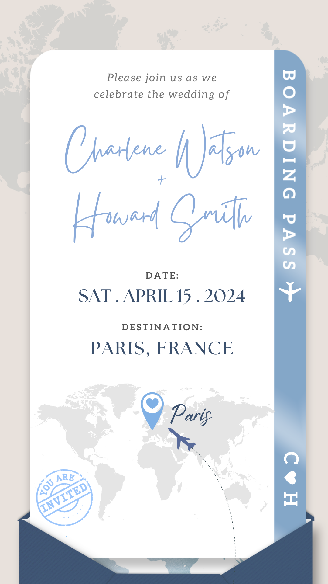 Dusty Blue Boarding Pass Wedding Invite