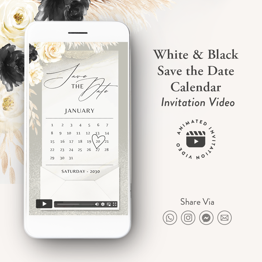 white and black save the date invitation calendar