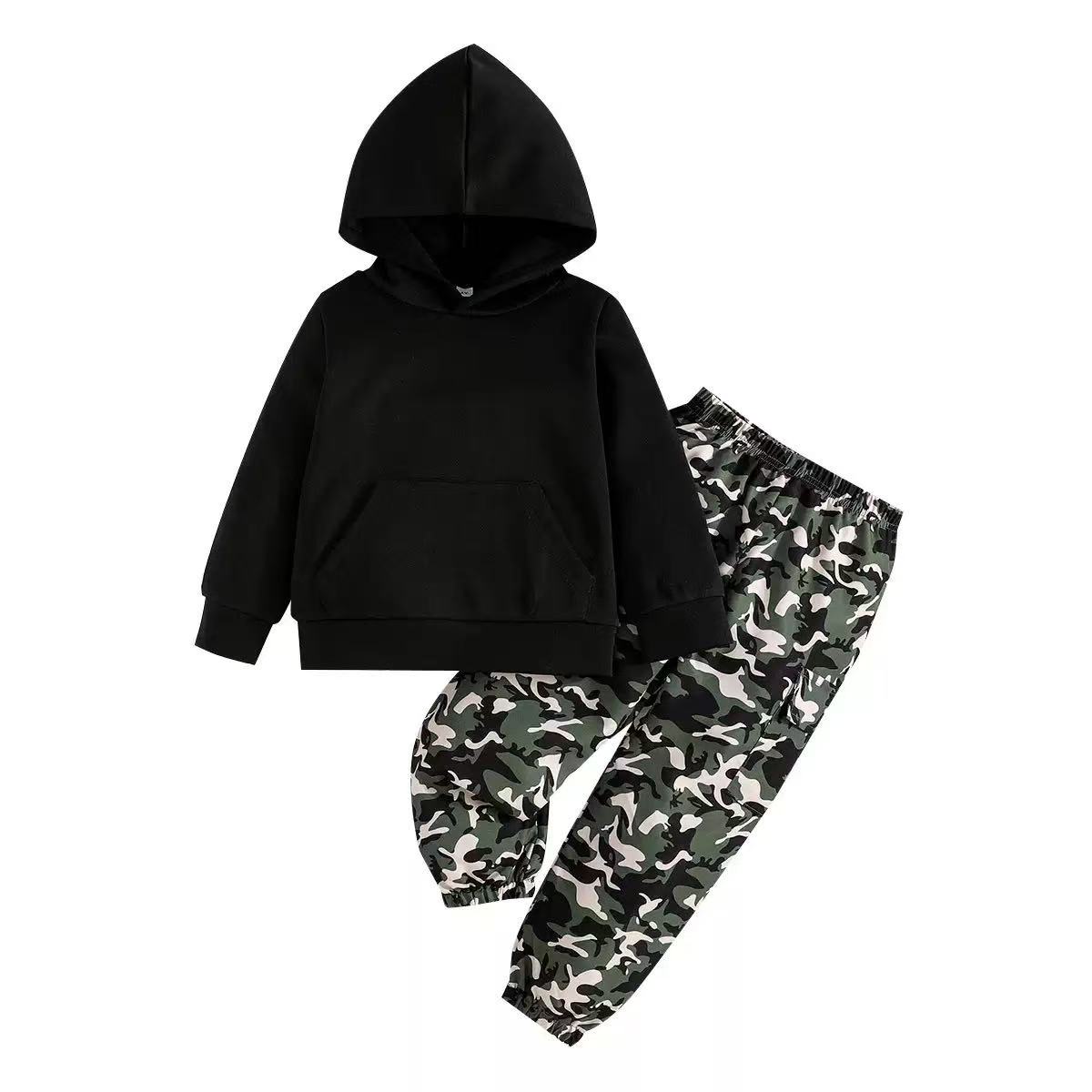 Kids Black Hoodie and Camouflage Pants Set