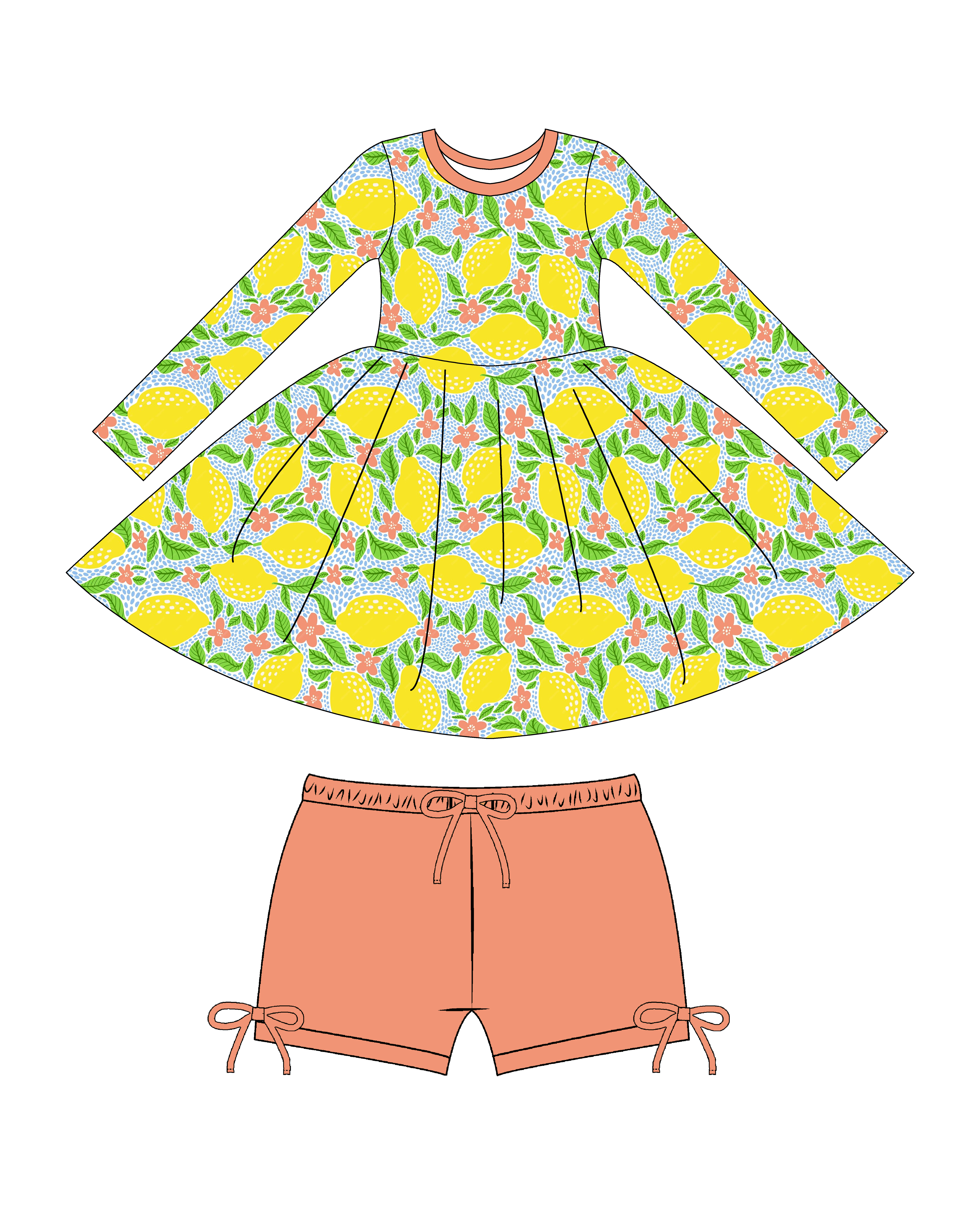 Long Sleeves Tunic Set Lemon Girls Dress Kids 