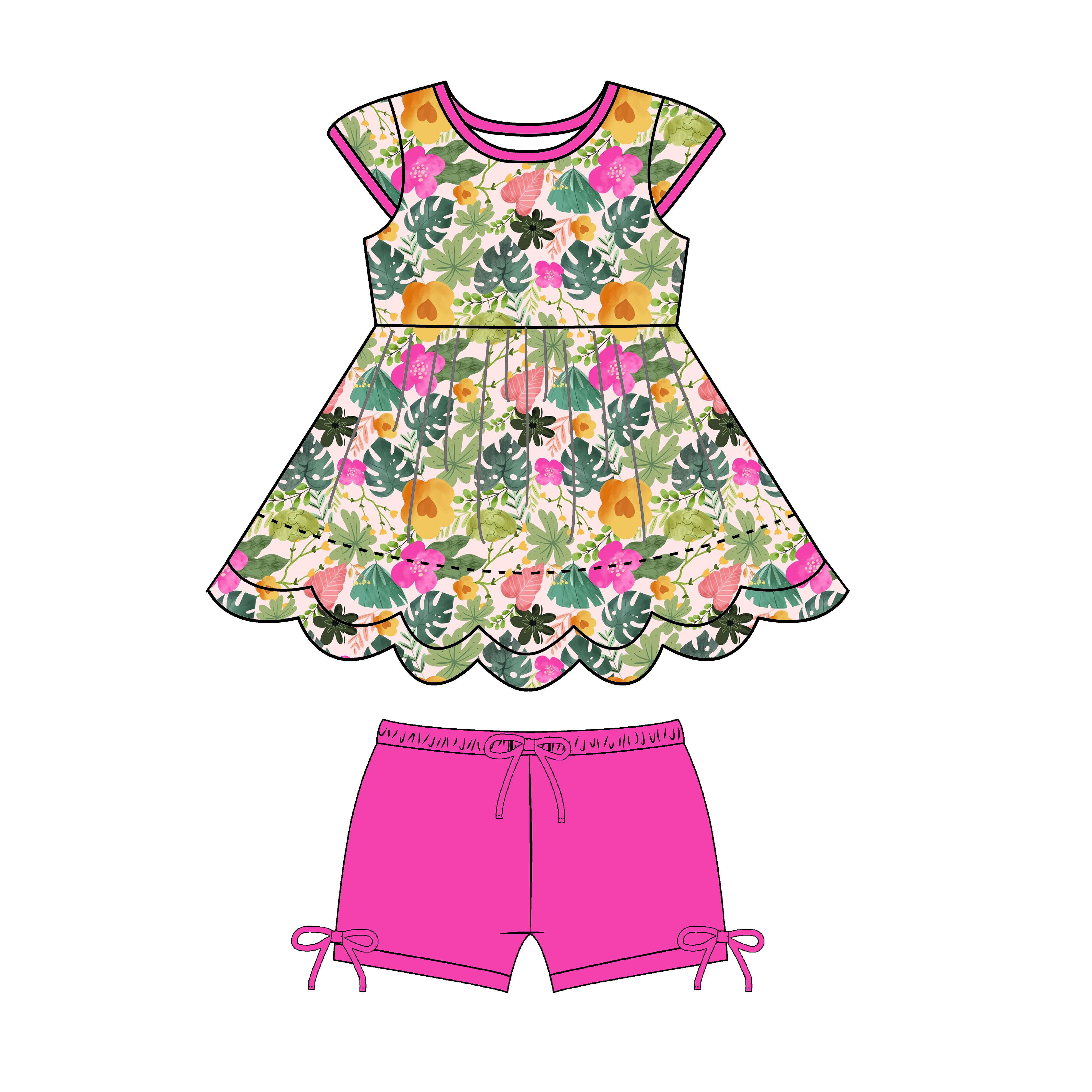 abstract leaves Tunic Set Summer Girls Custom dress set