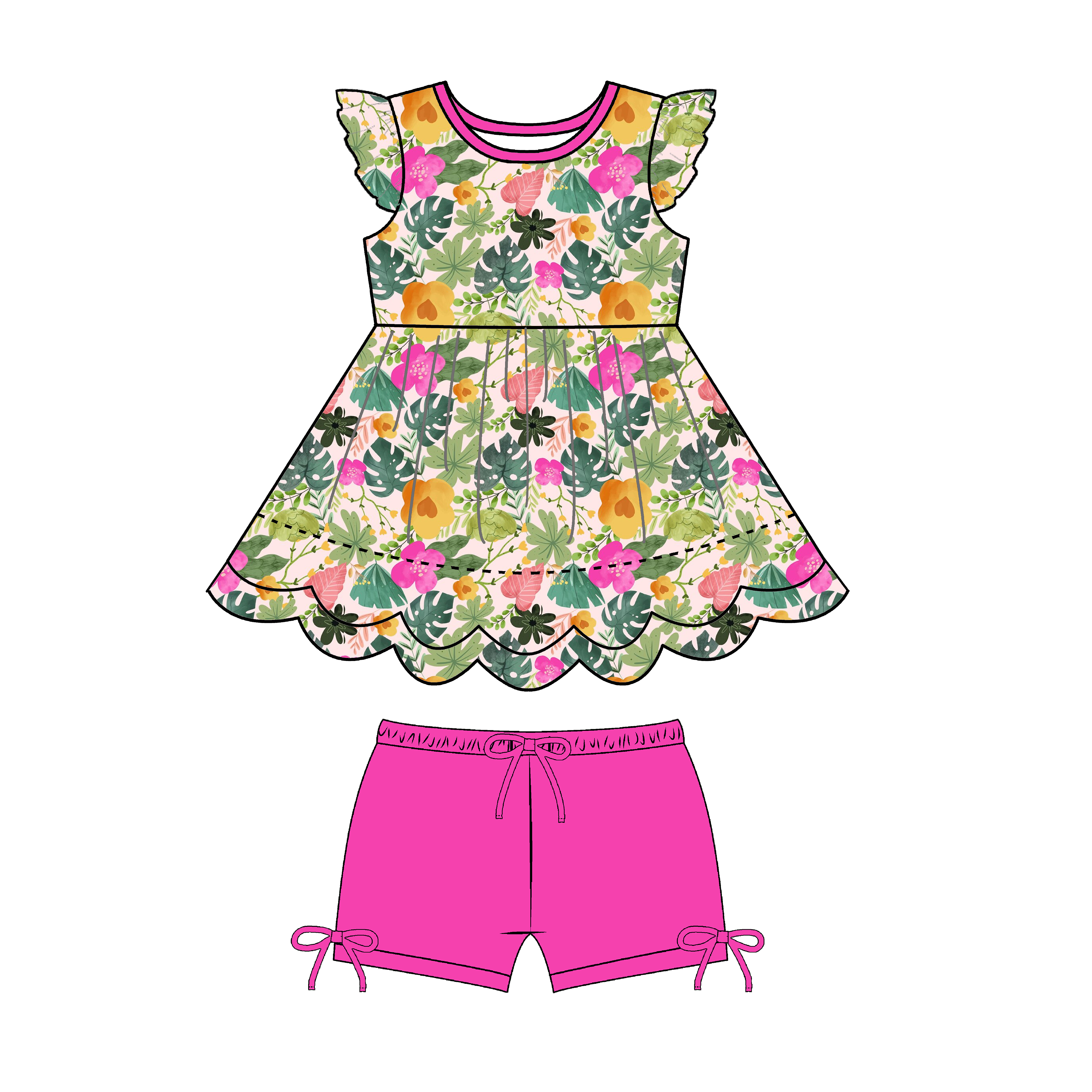 abstract leaves Tunic Set Summer Girls Custom dress set