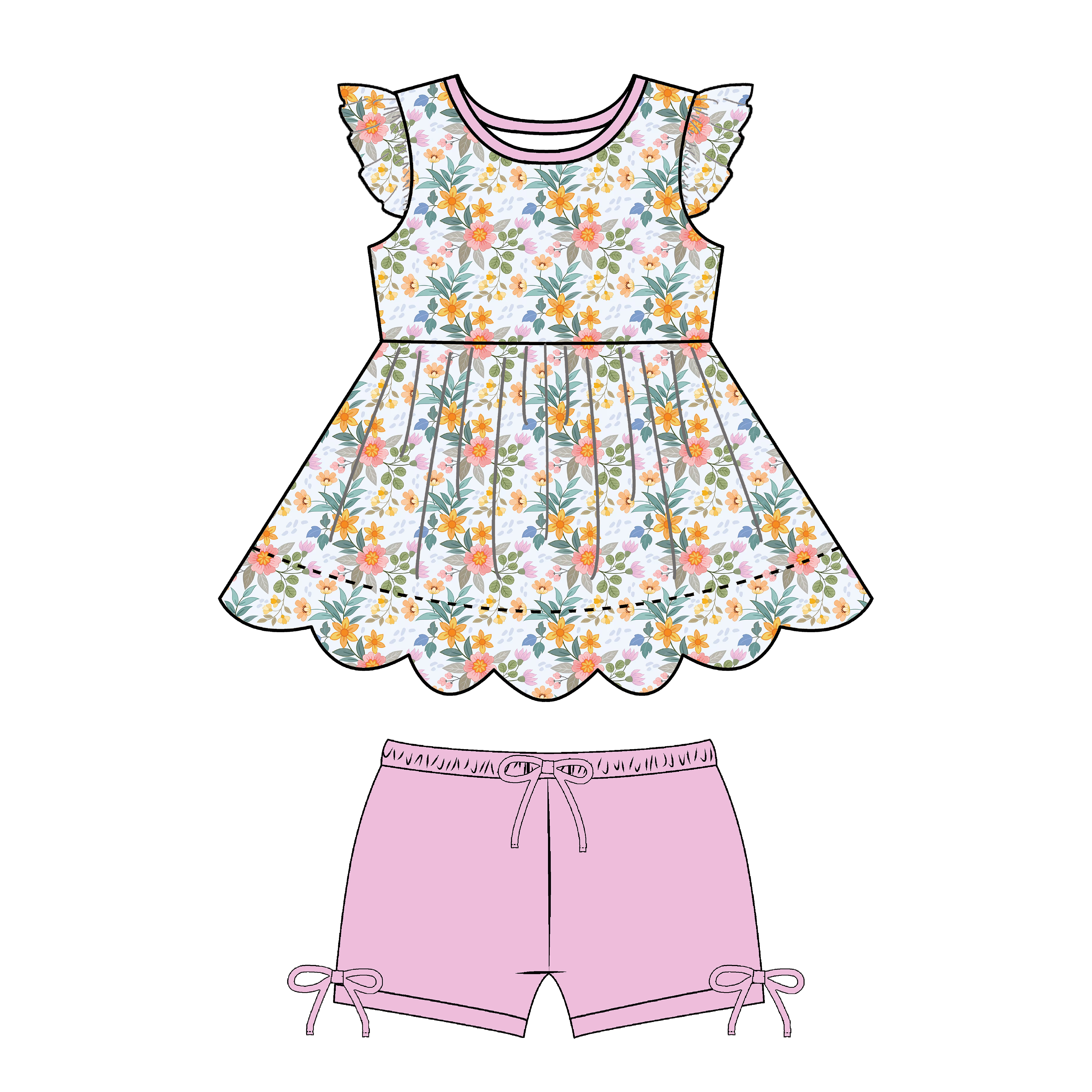 Floral Dress with Pink Shorts Kids Tunic Set