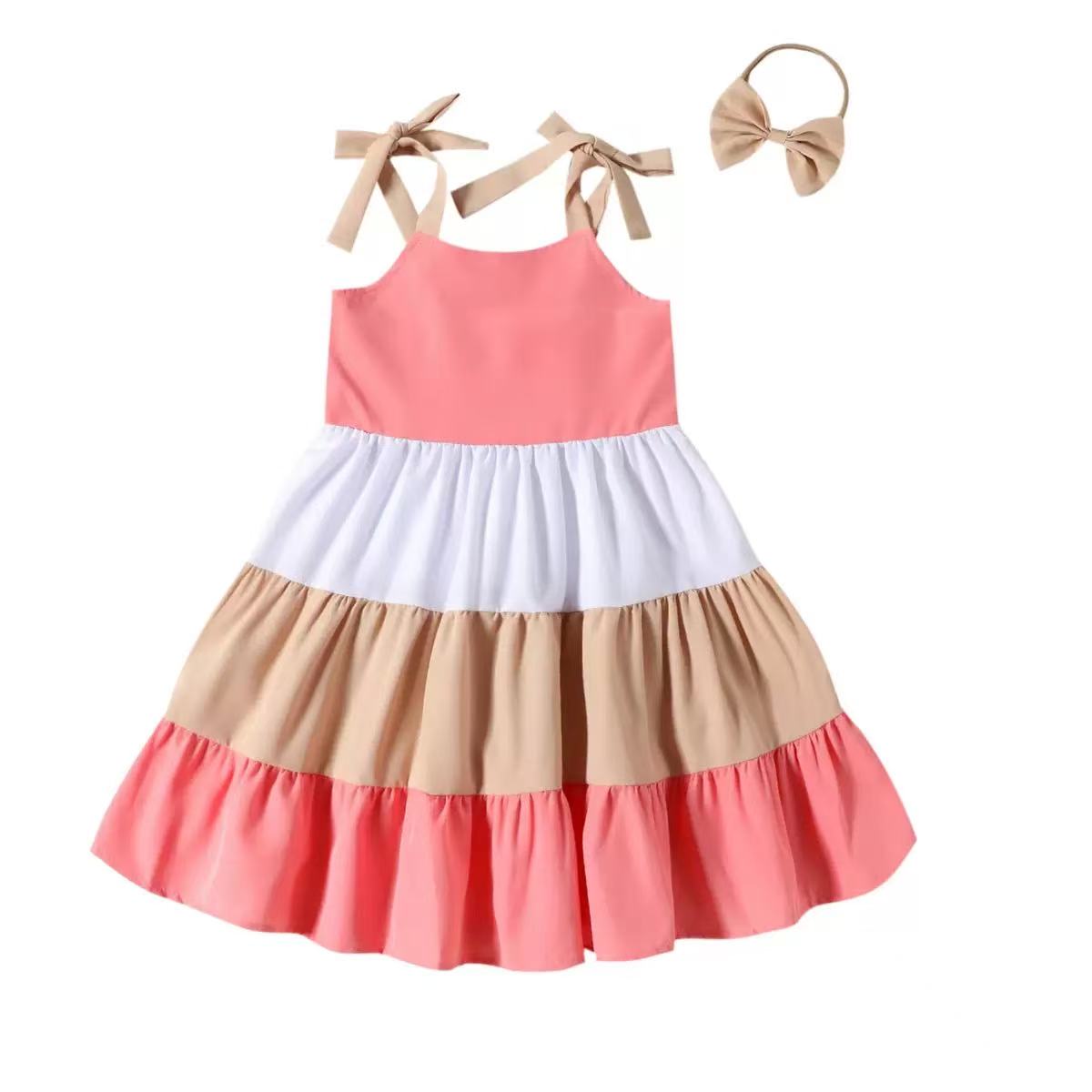 Girls' Sleeveless Colorblock Dress with Bow Headband