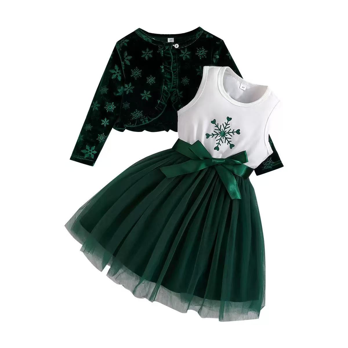 Green Snowflake Party Dress Set for Girls