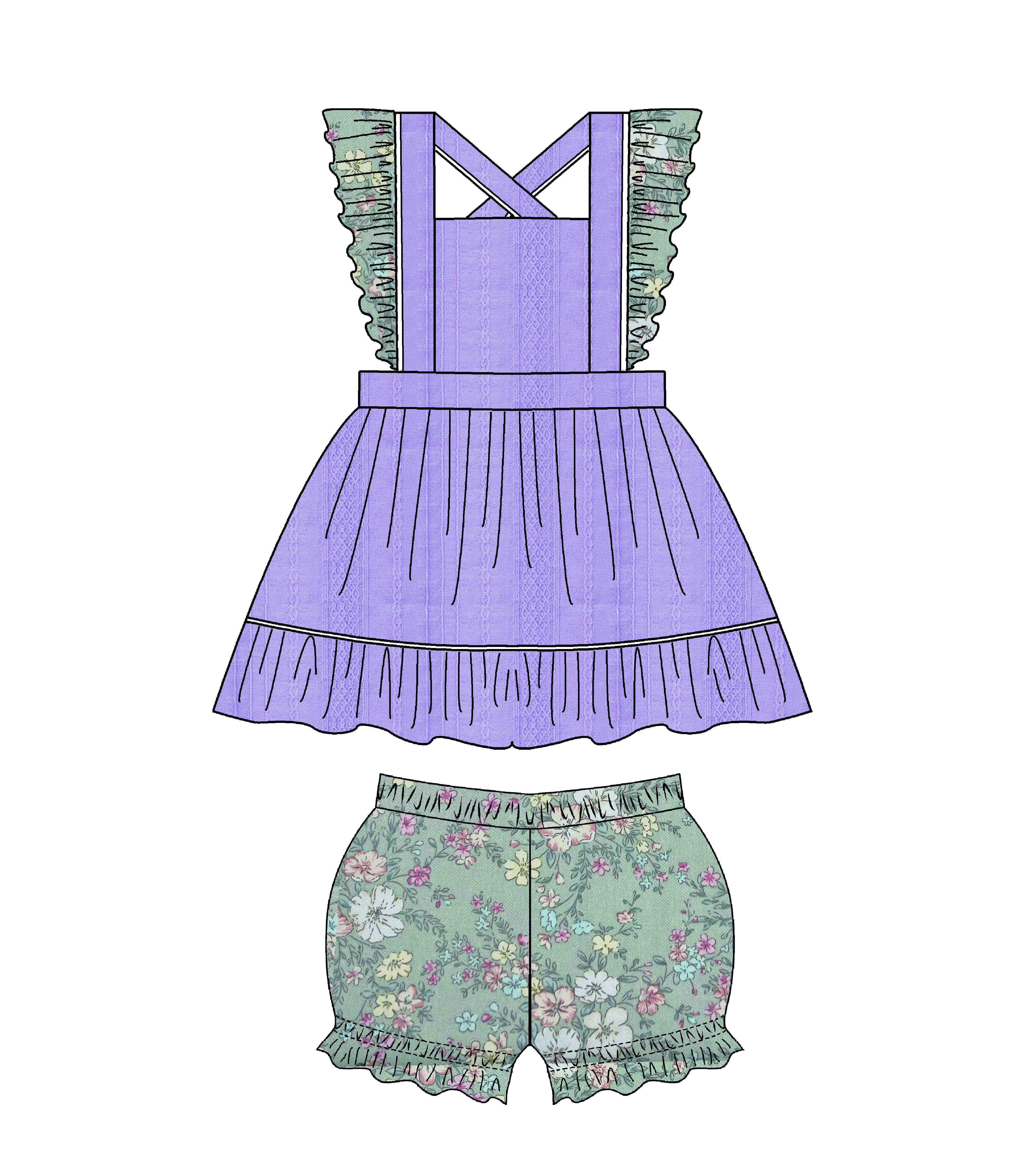 Girls' Ruffled Dress and Floral Shorts Set