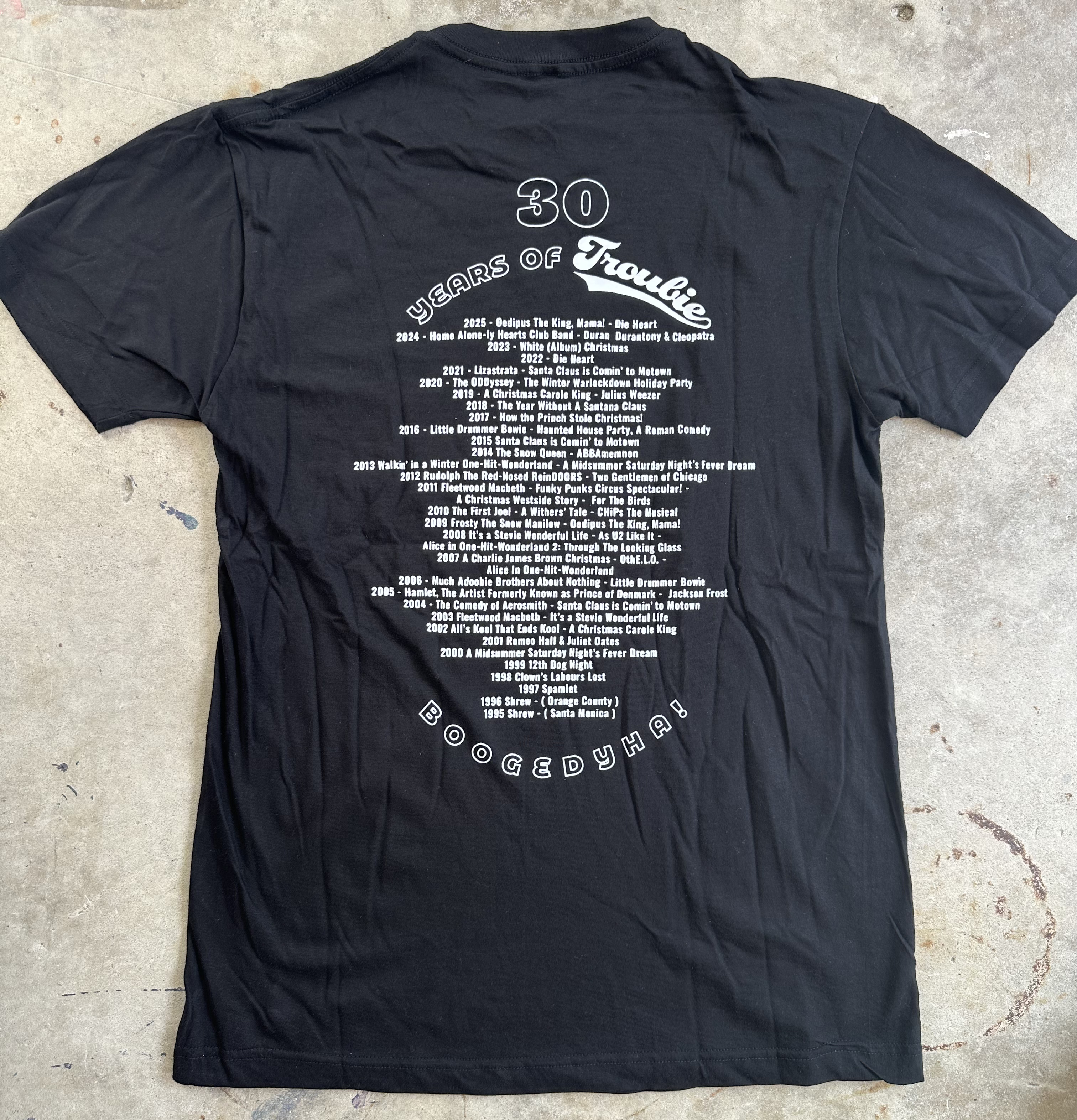 Troubie 30 Year Logo Tee - with 30 years of shows on the back!