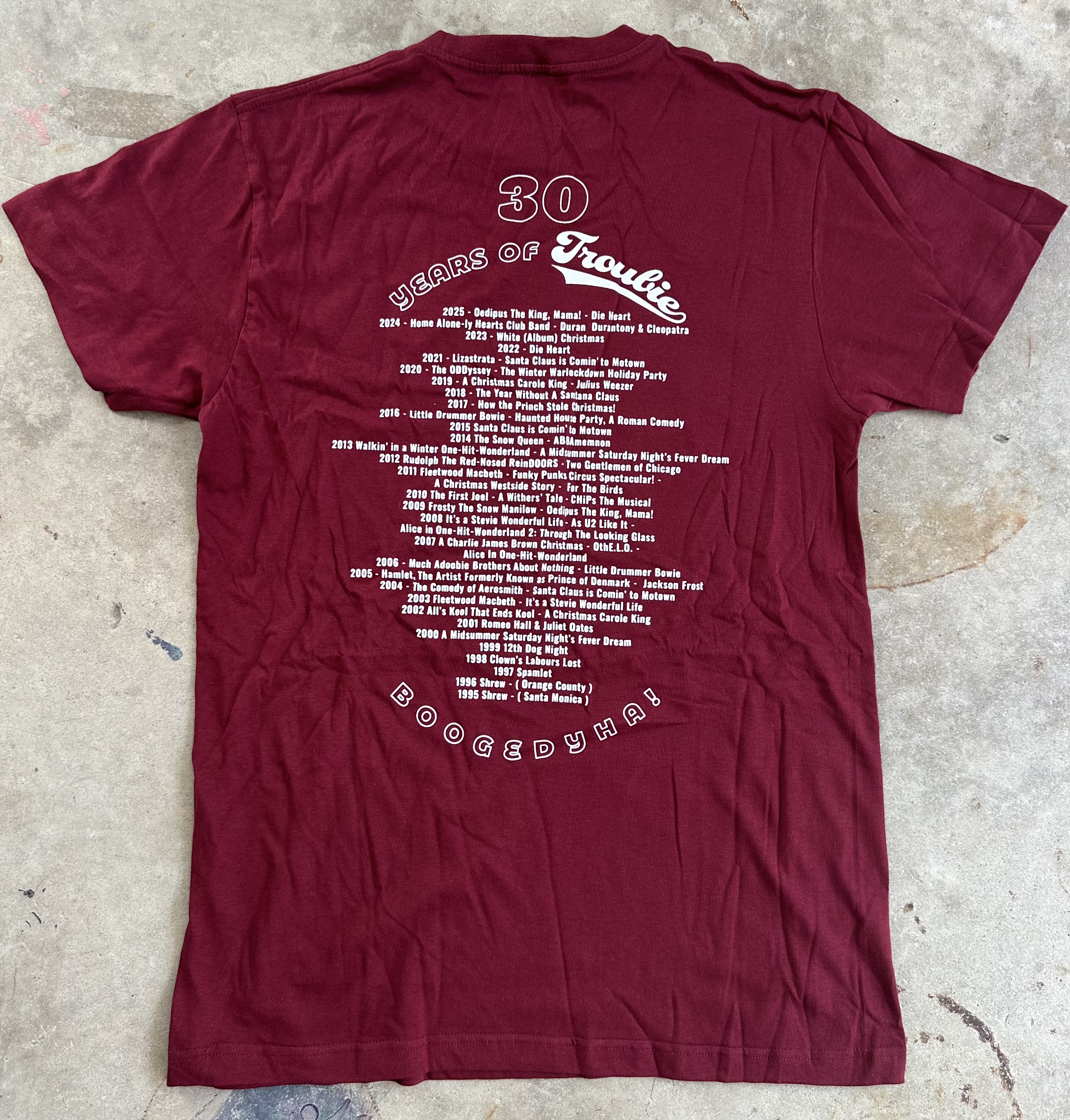 Troubie 30 Year Logo Tee - with 30 years of shows on the back!