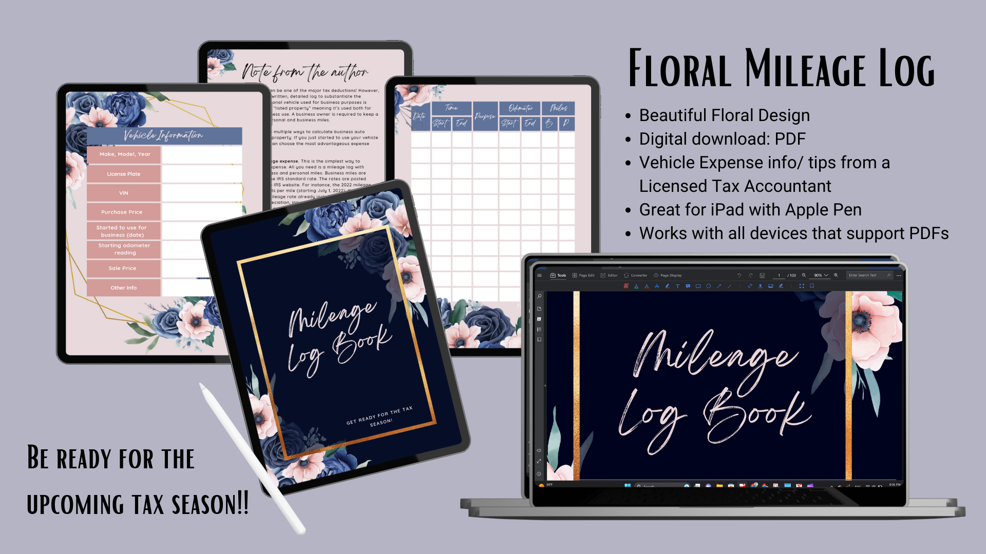 Floral Mileage Log - Instant Digital Download