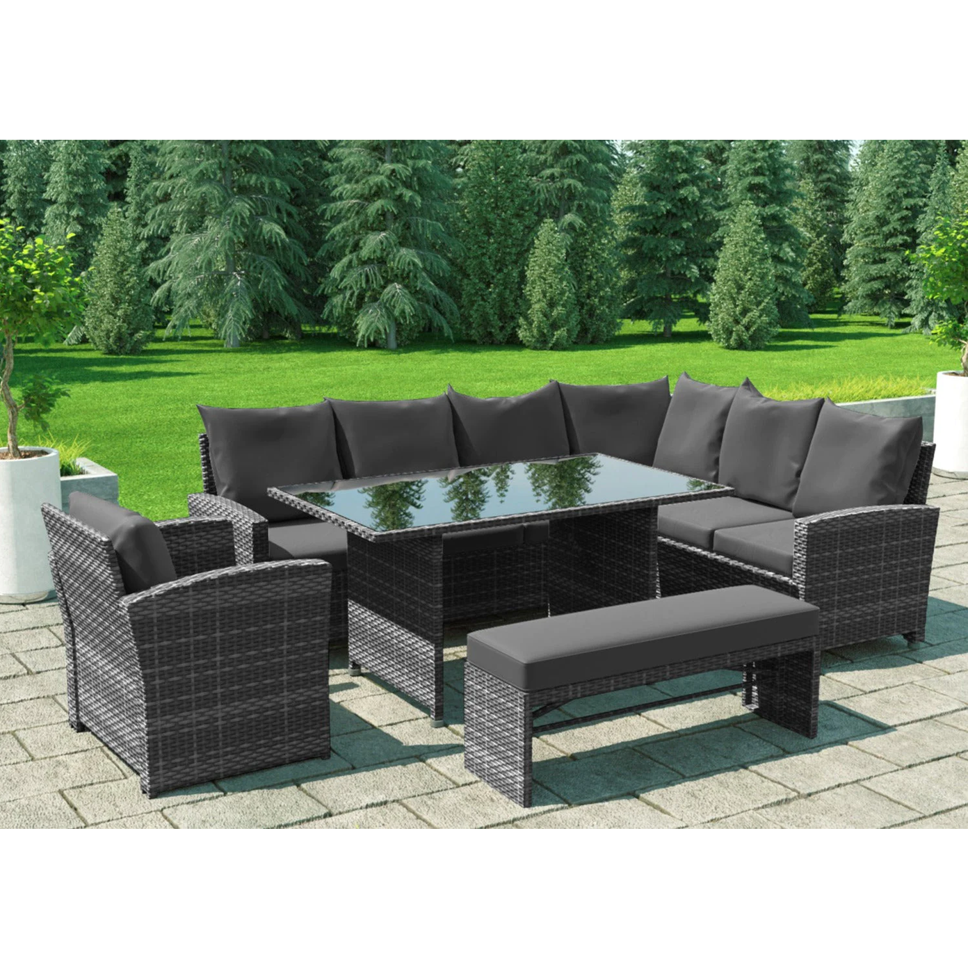 Rattan Garden Furniture - Corner Sofa Dinning Table Set - GREY
